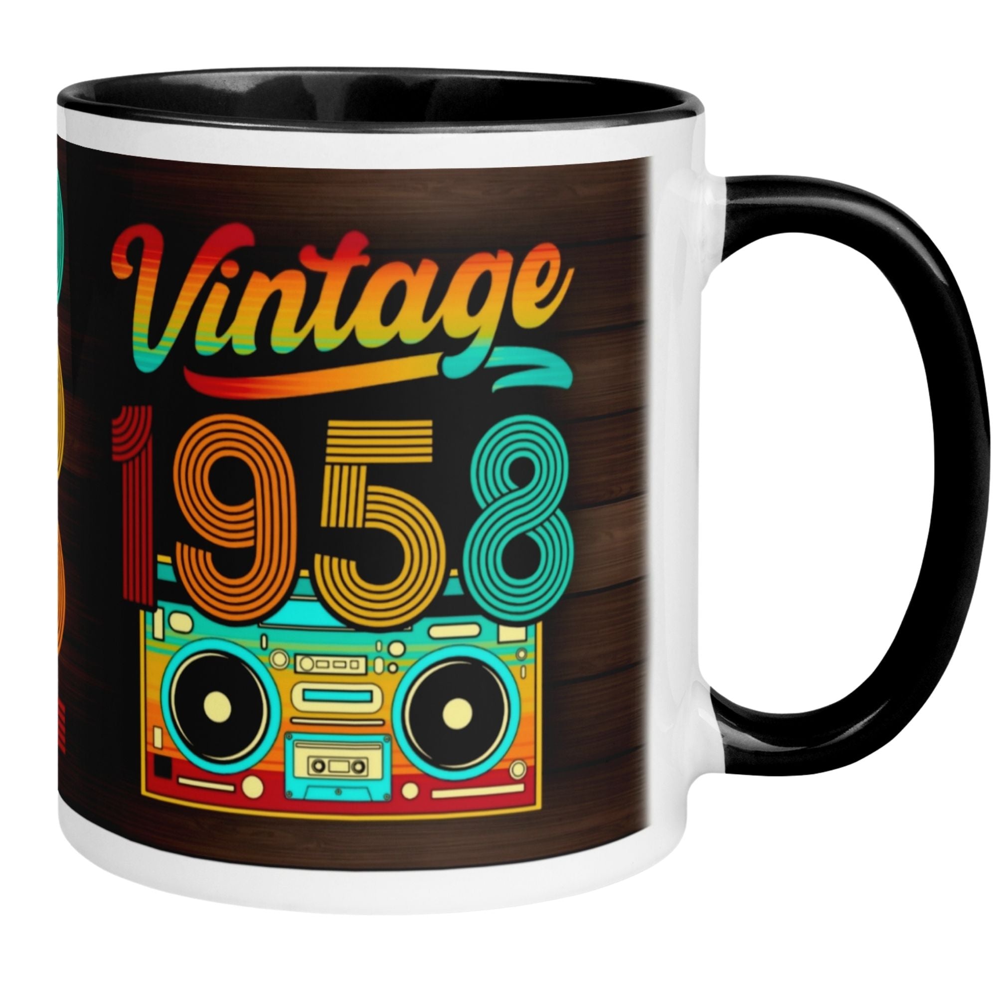 Momentals Tasse für 67. Geburtstag mit retro Design 1958 und bunten Boombox-Illustrationen.