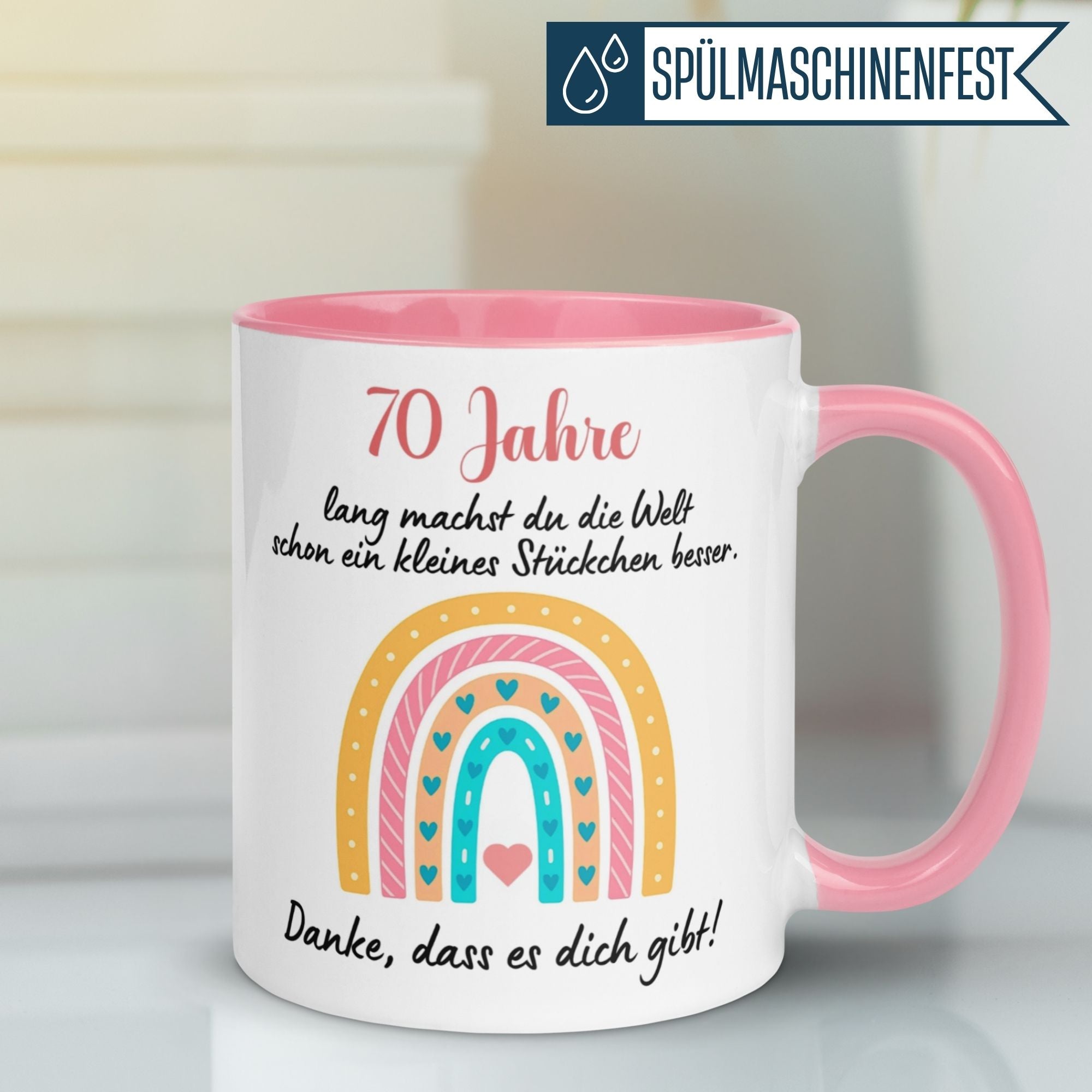 Momentals® Tasse für den 70. Geburtstag mit buntem Regenbogen und Spruch "Danke, dass es dich gibt!"