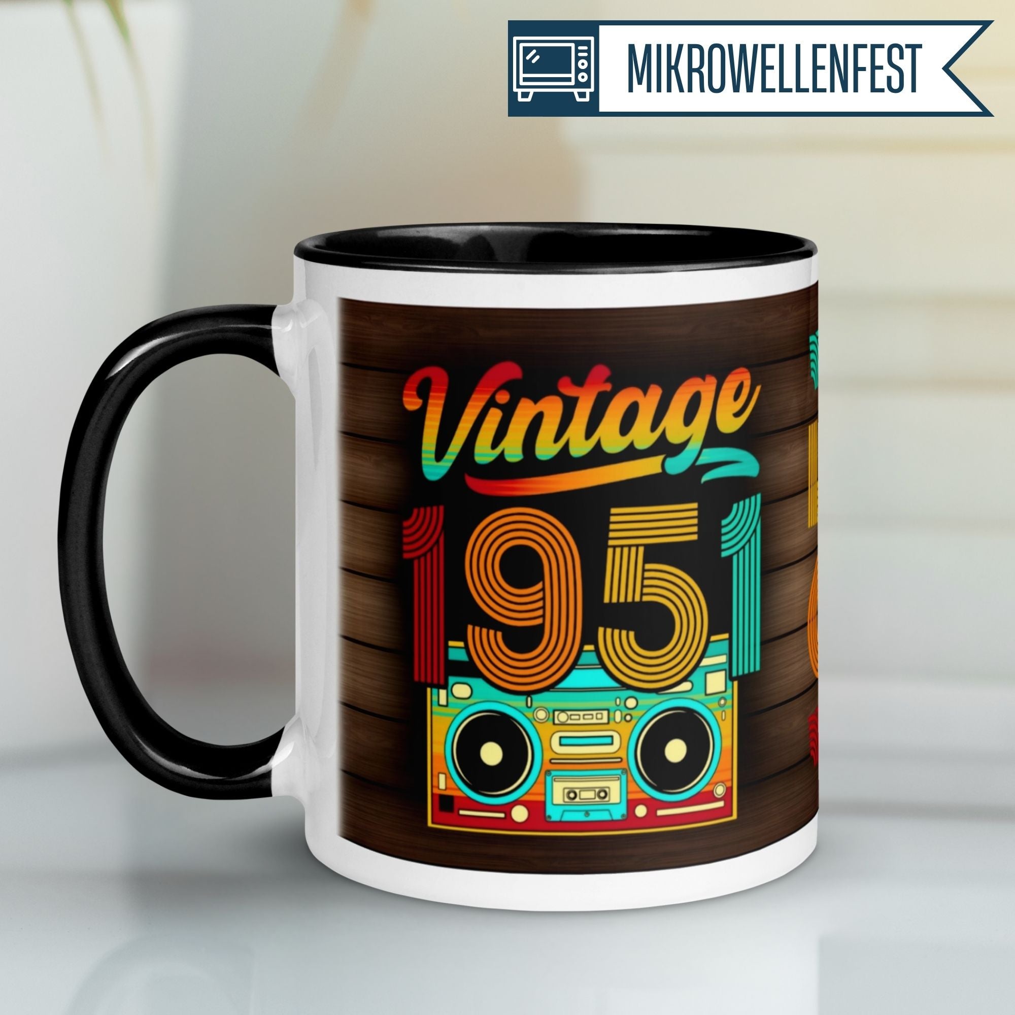 Retro 74th birthday mug featuring colorful vintage design and boombox, perfect gift for 1951 celebrants.