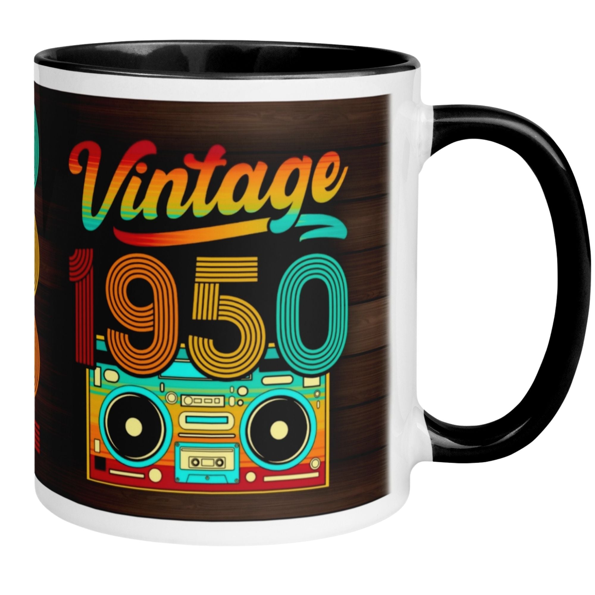 Vintage 1950 birthday mug design with colorful graphics and retro boombox, perfect for 75th birthday celebrations.