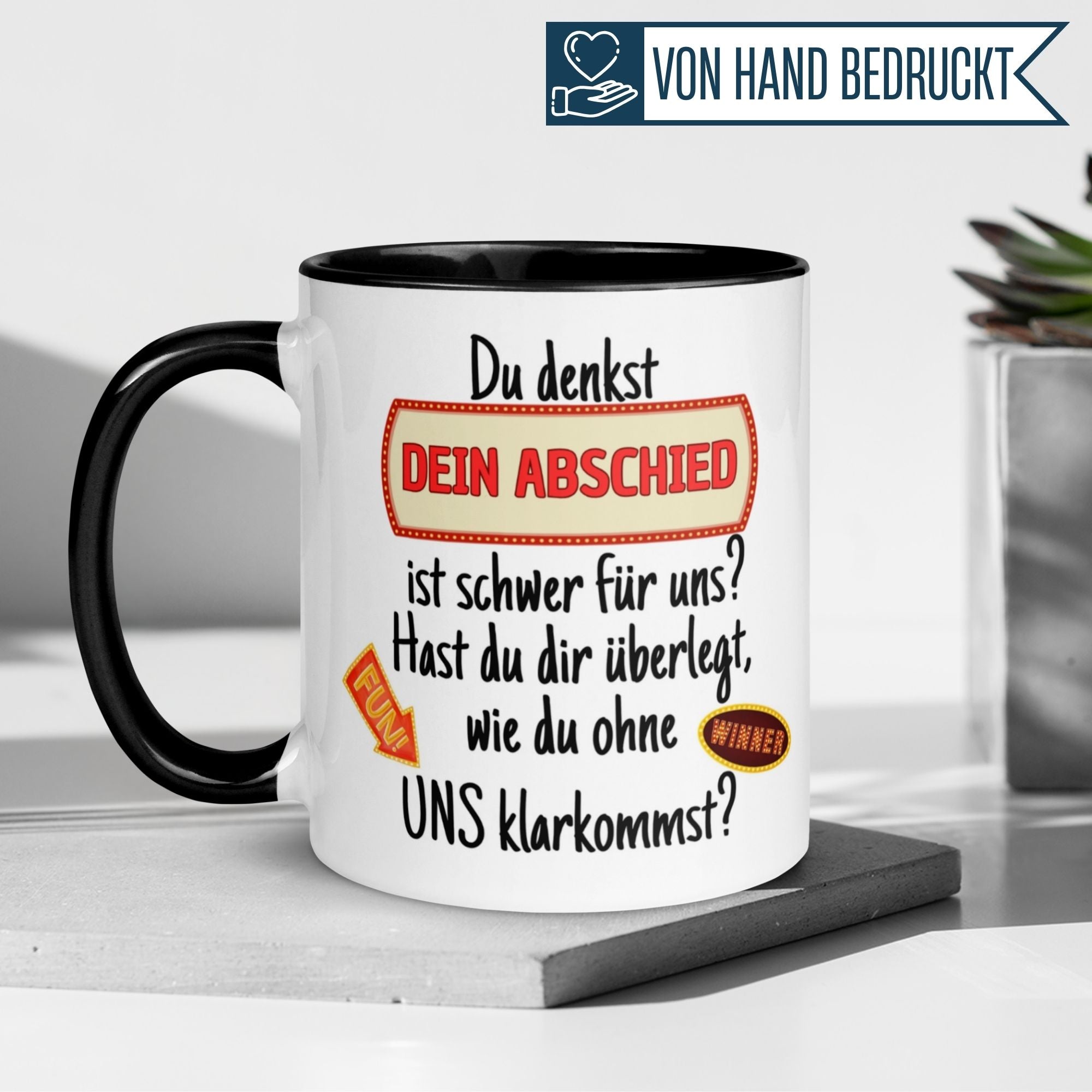 Momentals Tasse Abschied mit humorvollem Spruch, ideal als Geschenk für Kollegen beim Jobwechsel.