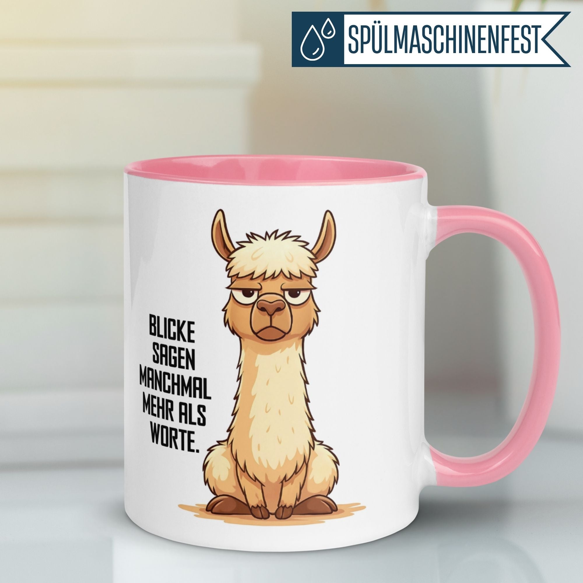 Momentals Tasse mit lustigem Alpaka und Spruch "Blicke sagen manchmal mehr als Worte".