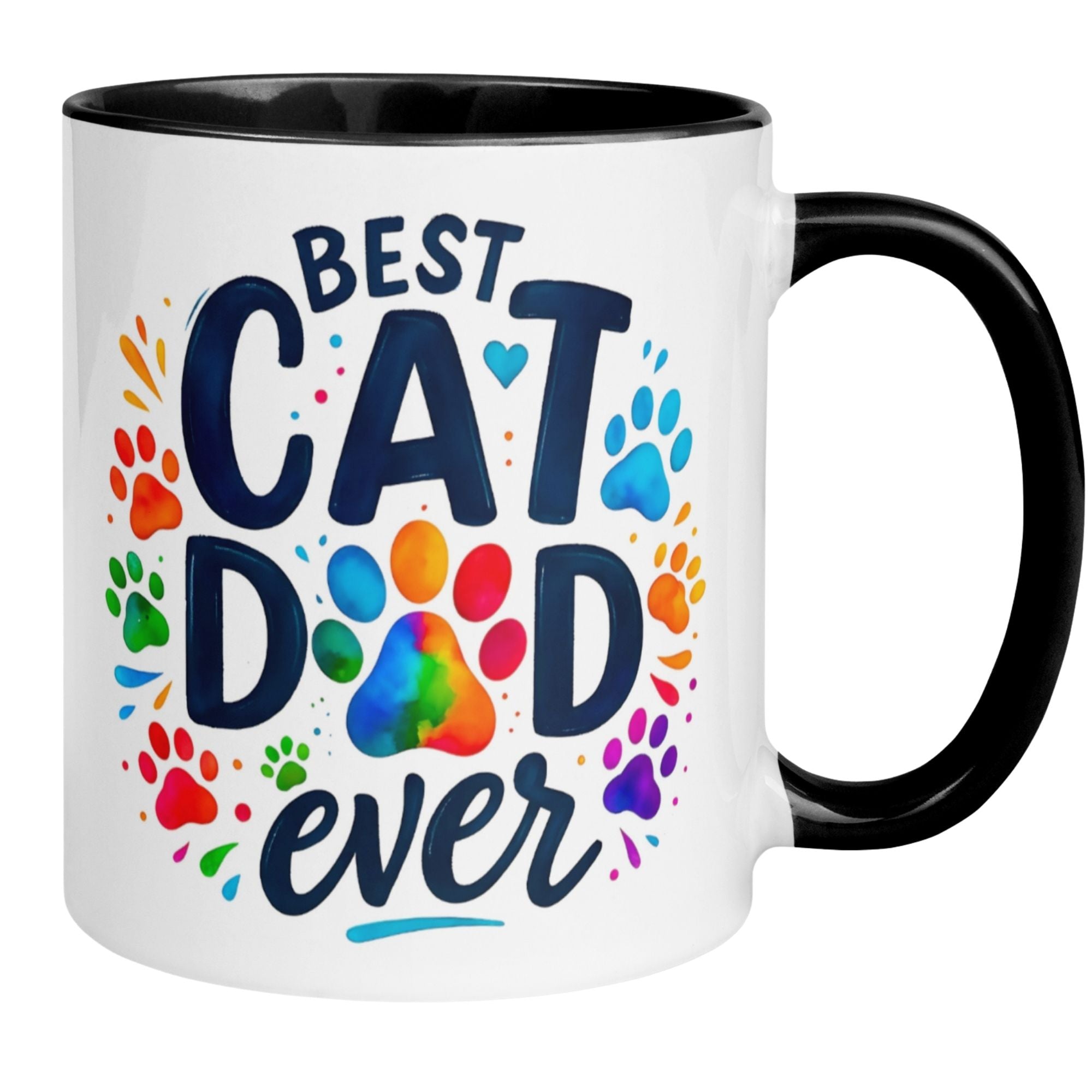 Bunte Tasse mit dem Spruch 'Best Cat Dad Ever' und Pfoten-Motiv für Katzenliebhaber.