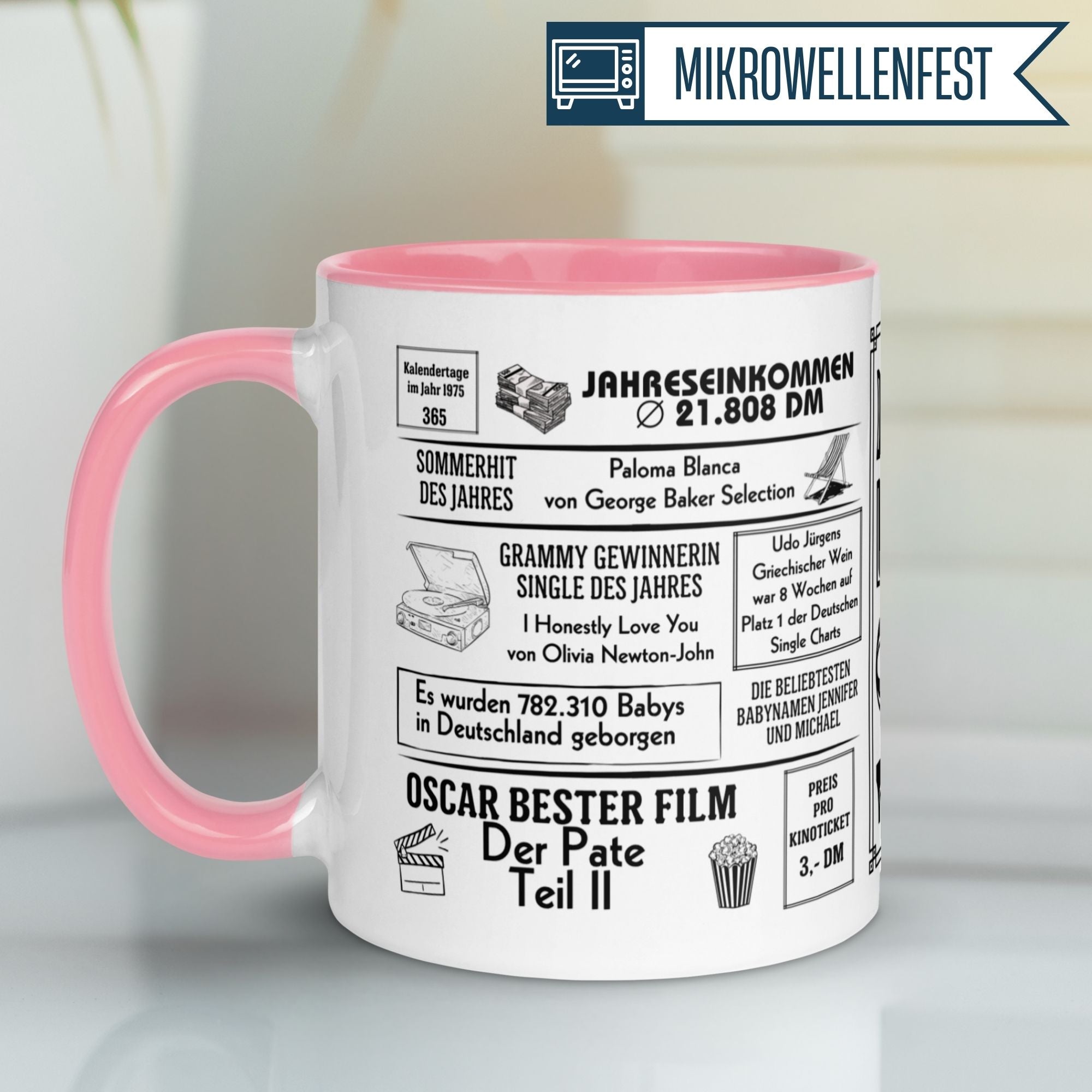 Momentals® Geburtstagstasse für 50. Geburtstag mit witziger Geburtstagszeitung aus 1975 in rosa und weiß.