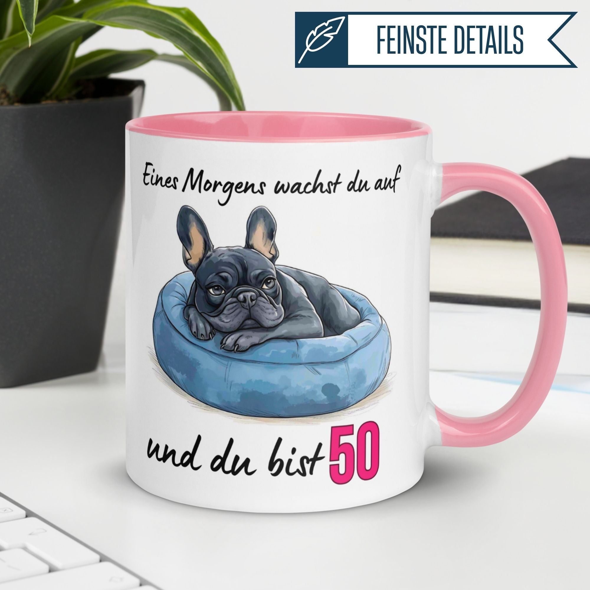 Momentals® Tasse zum 50. Geburtstag mit französischem Bulldoggen-Motiv und witzigem Spruch.