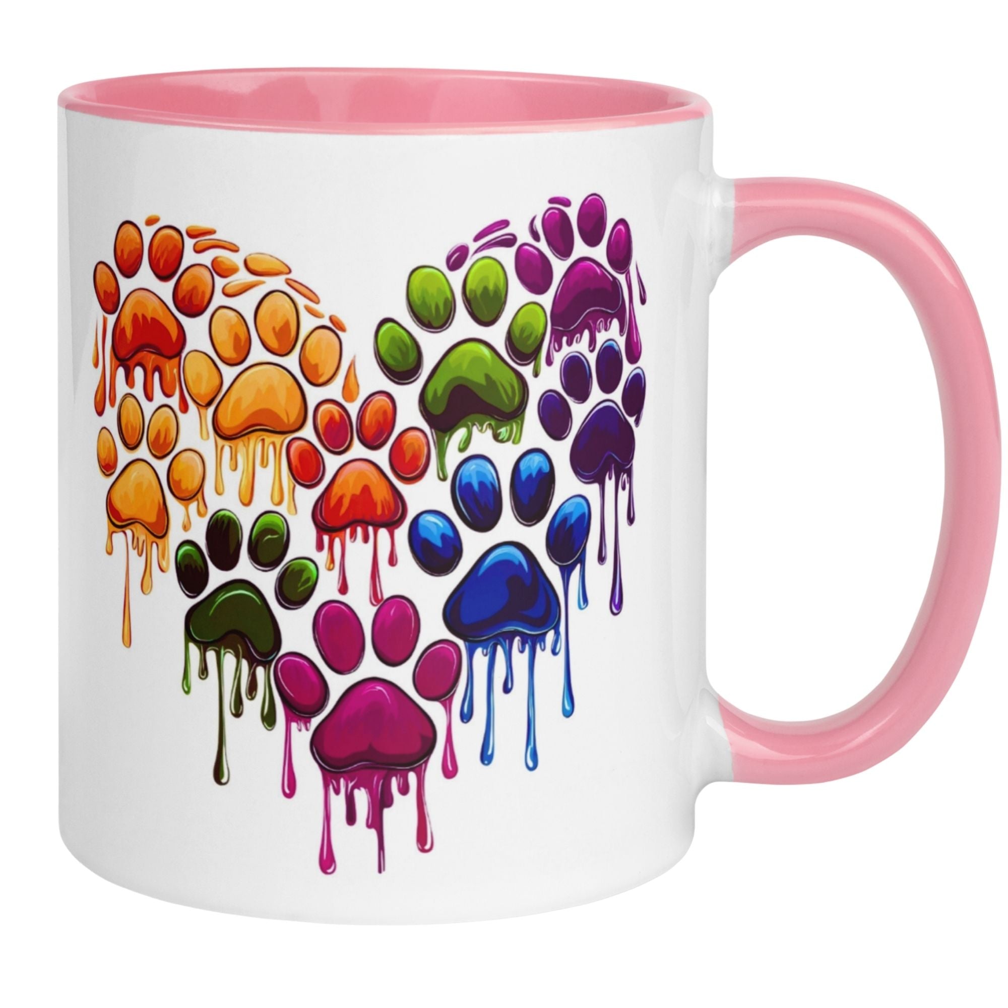 Bunte Momentals Tasse mit herzförmigen Katzenpfoten-Abdrücken in Regenbogenfarben.