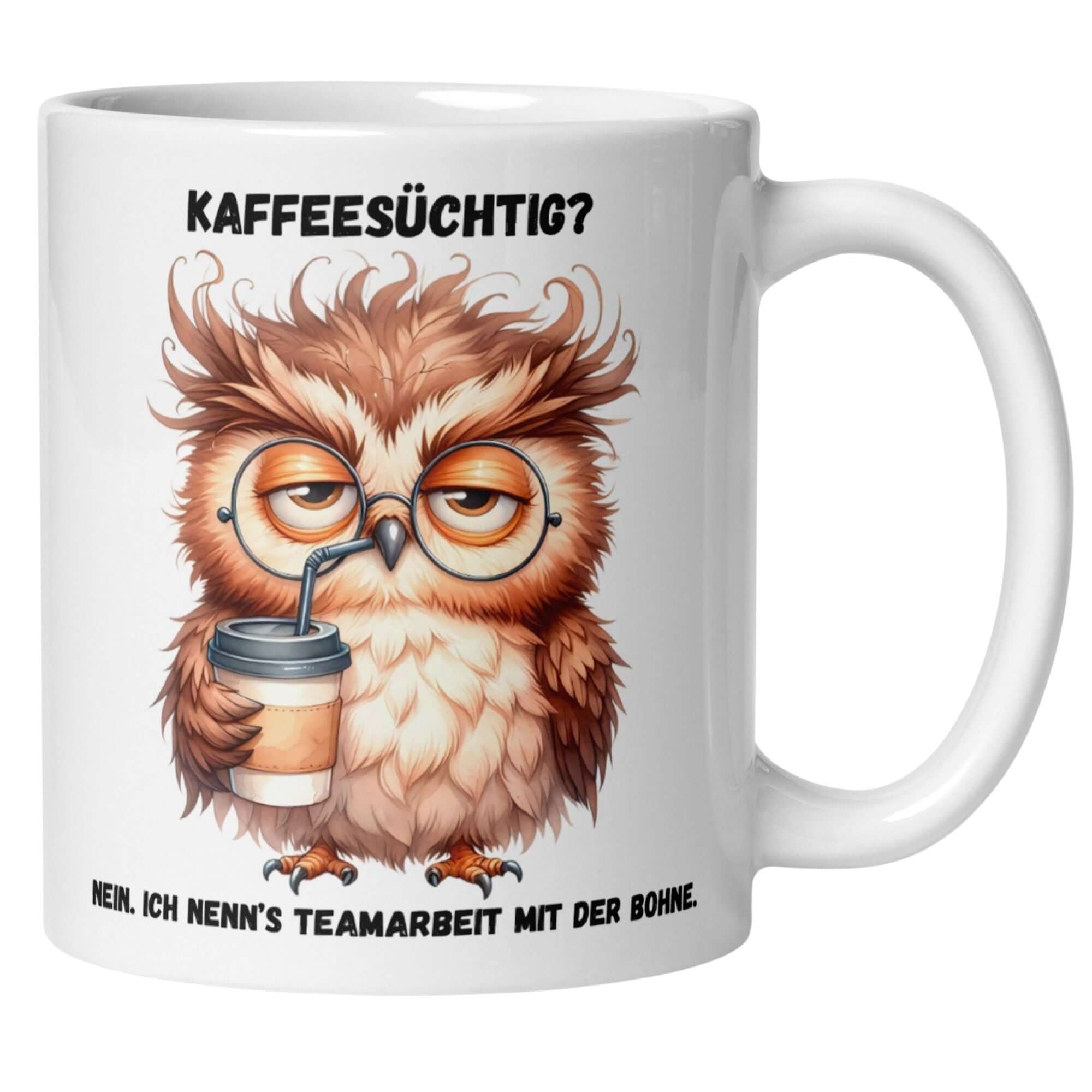 Momentals Eule Tasse mit Spruch "Teamarbeit mit der Bohne" für echte Kaffee-Liebhaber.