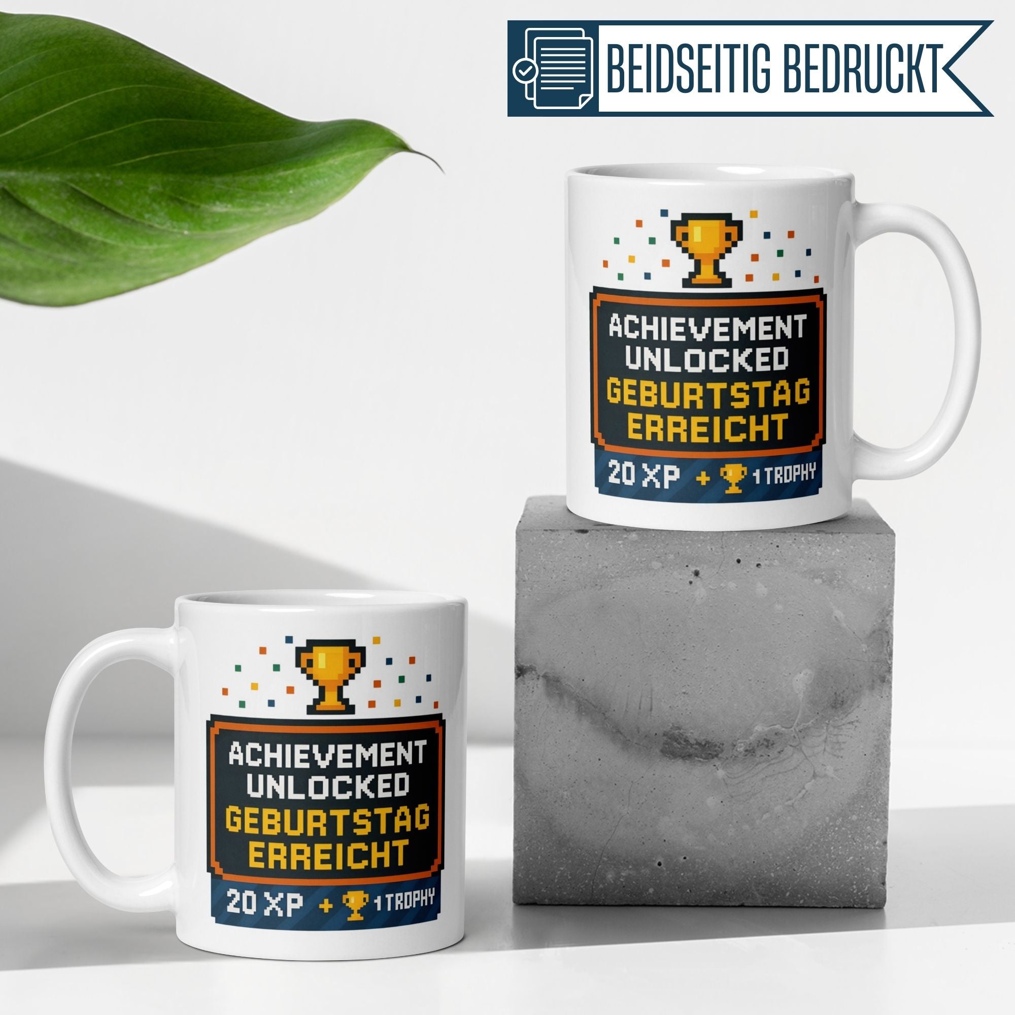 Gaming birthday mug with "Achievement Unlocked – Geburtstag erreicht" design, perfect for gamers.
