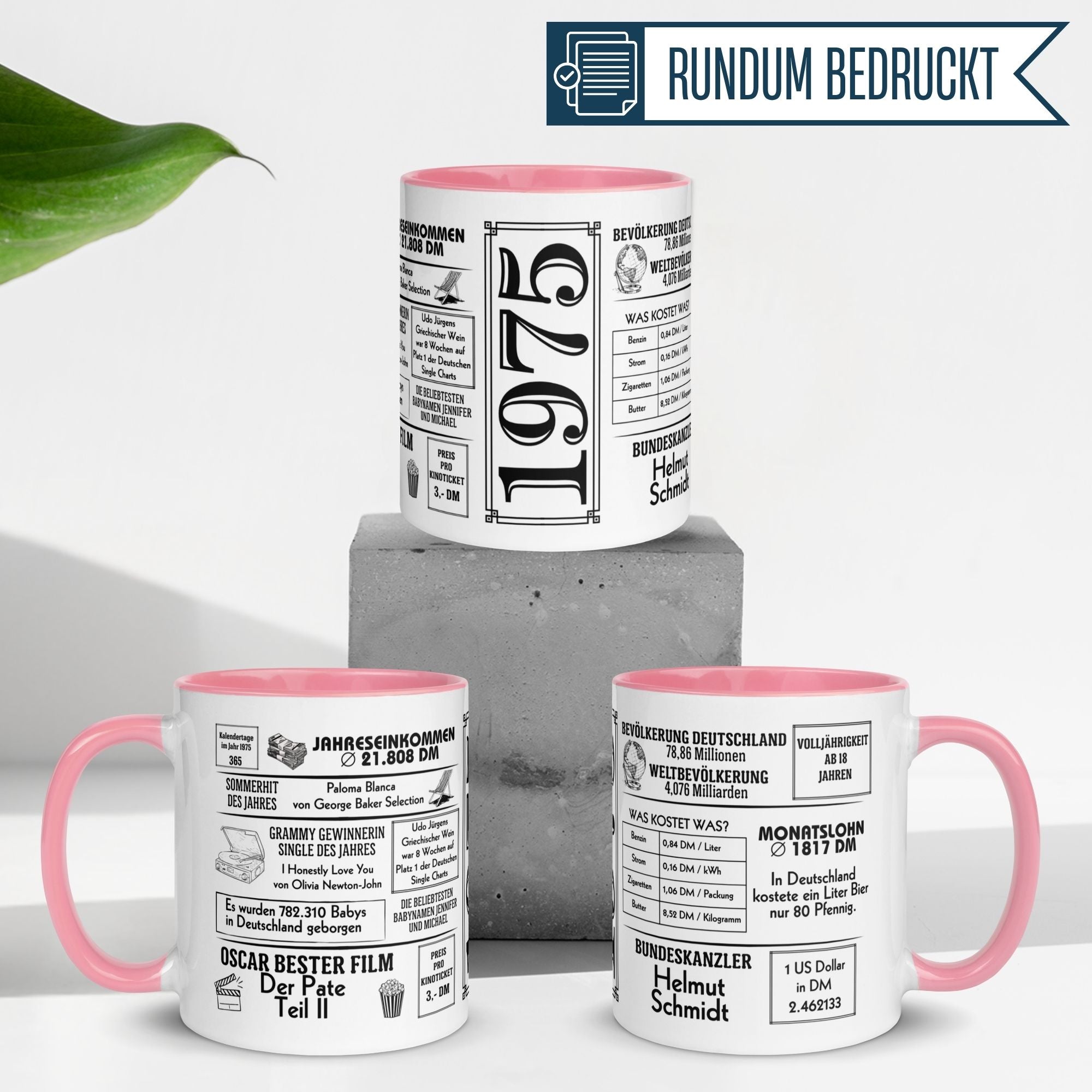 Momentals® Tasse für 50. Geburtstag mit Zeitungsdesign 1975, originelles Geschenk für Frauen.