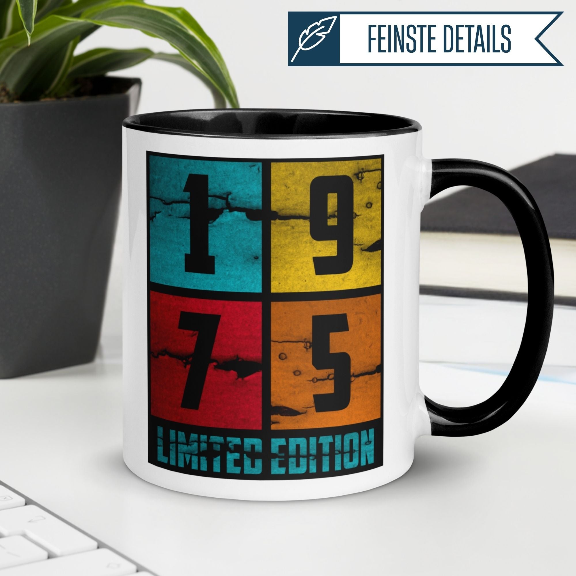 Momentals 50th birthday mug featuring colorful 1975 design and limited edition label, perfect for birthday gifts.