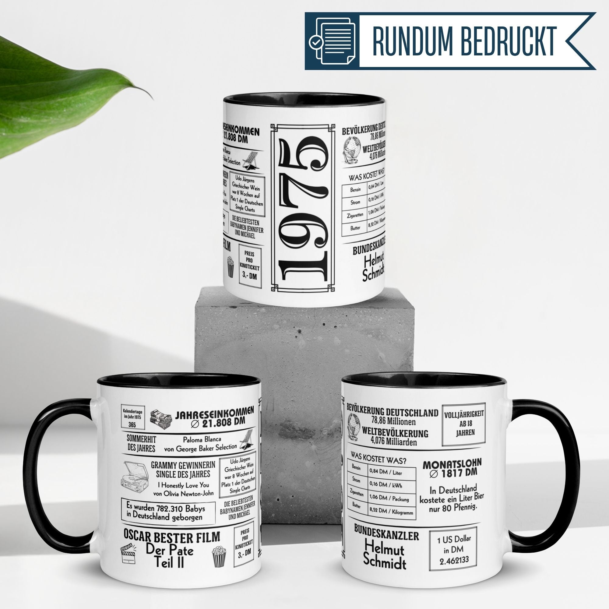 Momentals® 50. Geburtstag Tasse, bedruckt mit Ereignissen aus 1975, perfekt fürs Geburtstagskaffee oder -tee.
