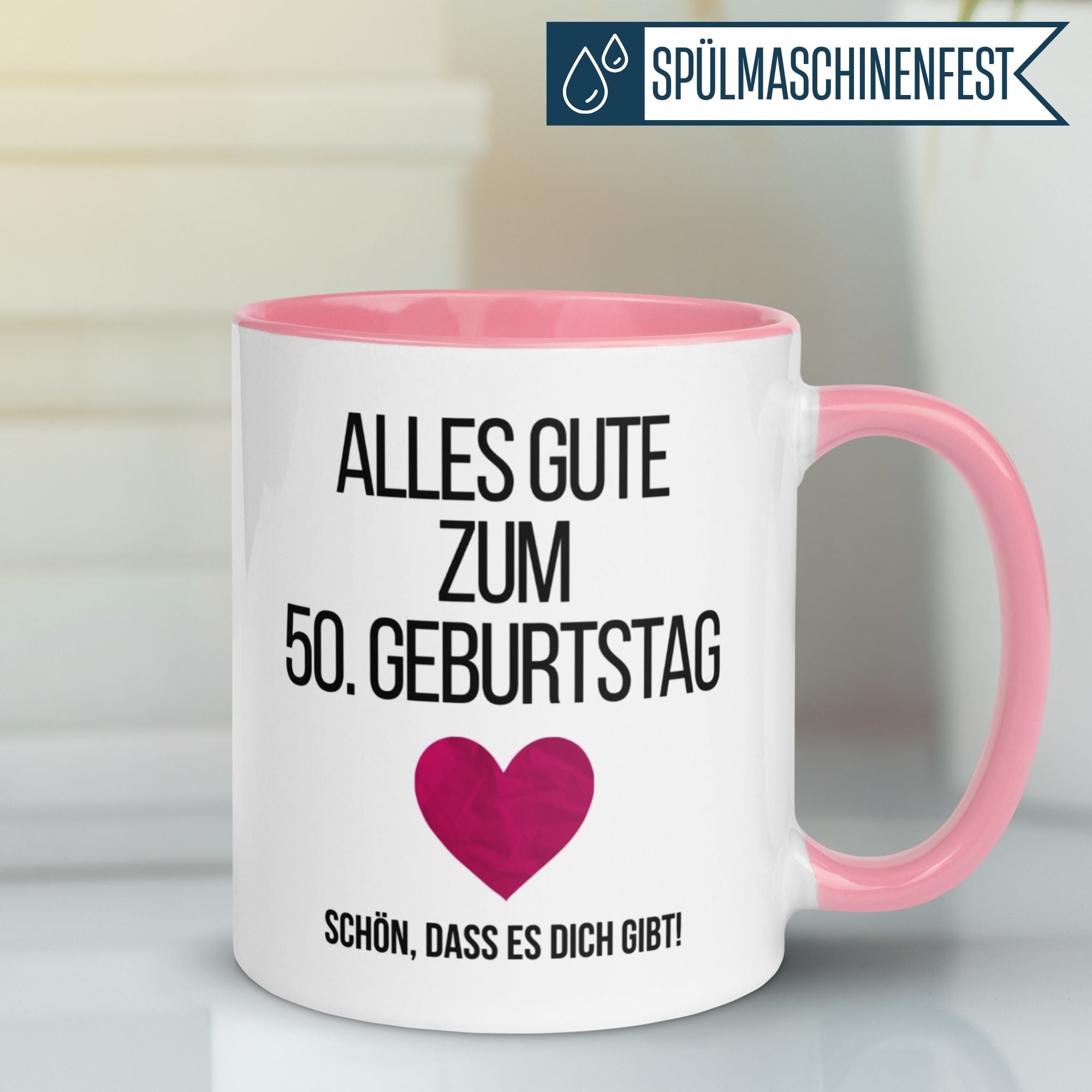 Momentals Tasse zum 50. Geburtstag mit Herz und Spruch, ideal als Geschenk für Frauen.