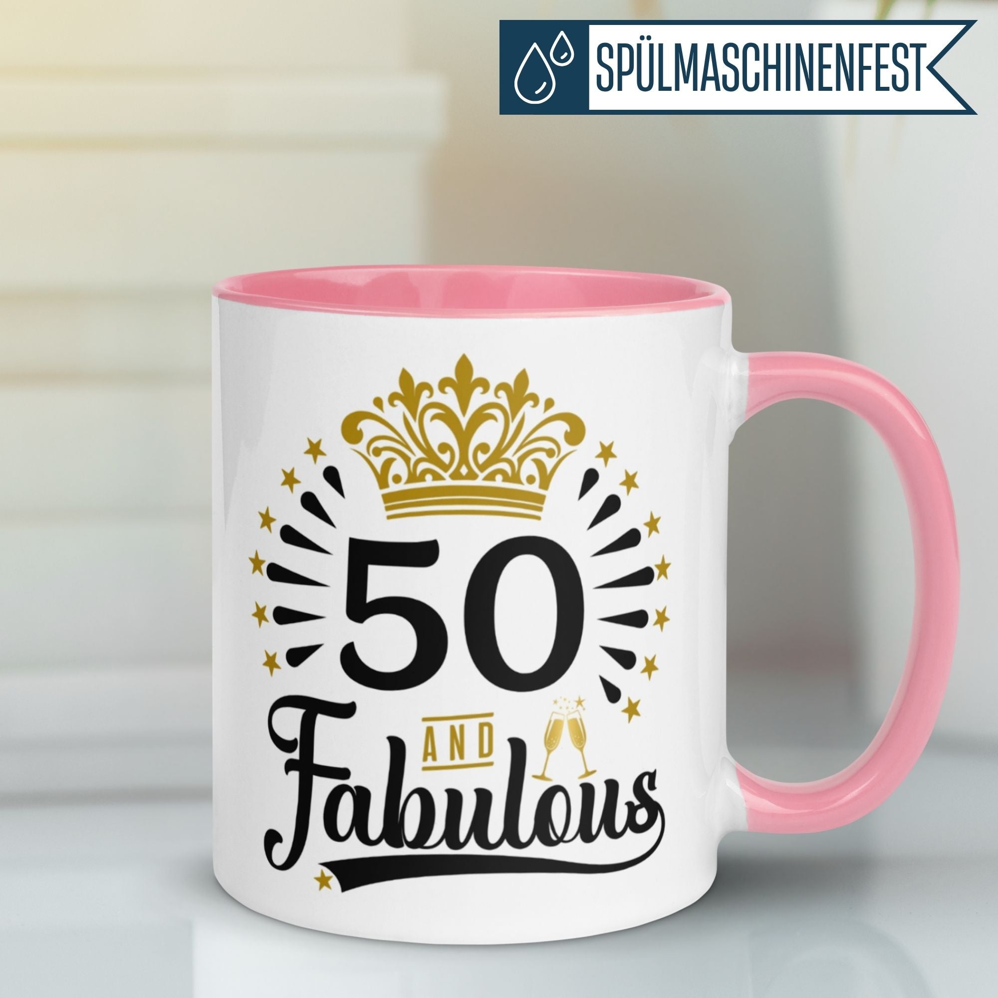 Momentals® 50. Geburtstag Tasse mit Krone und Spruch "50 and Fabulous" für Frauen.