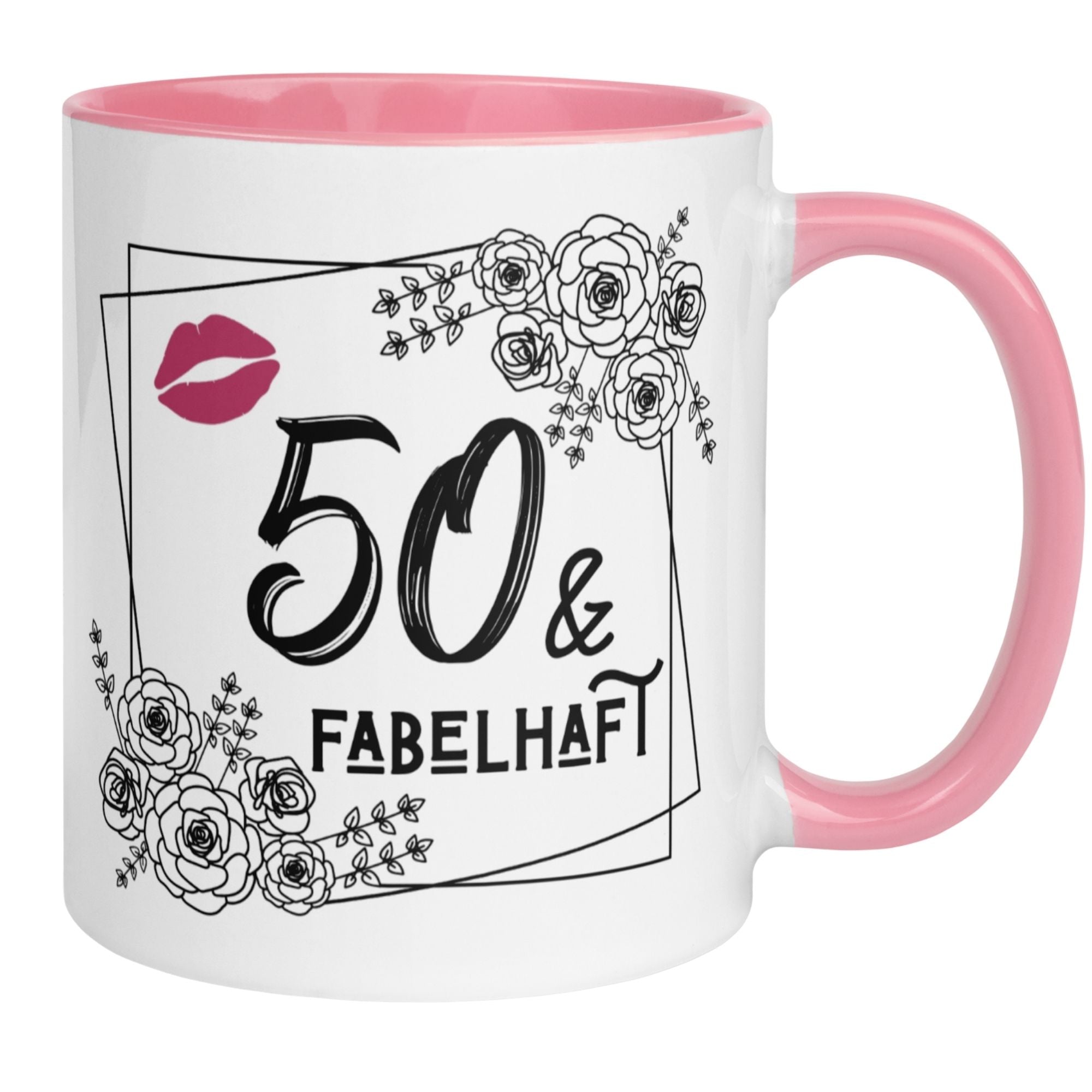 Momentals® Tasse zum 50. Geburtstag mit Blumen und Spruch "50 & Fabelhaft" in Rosa.