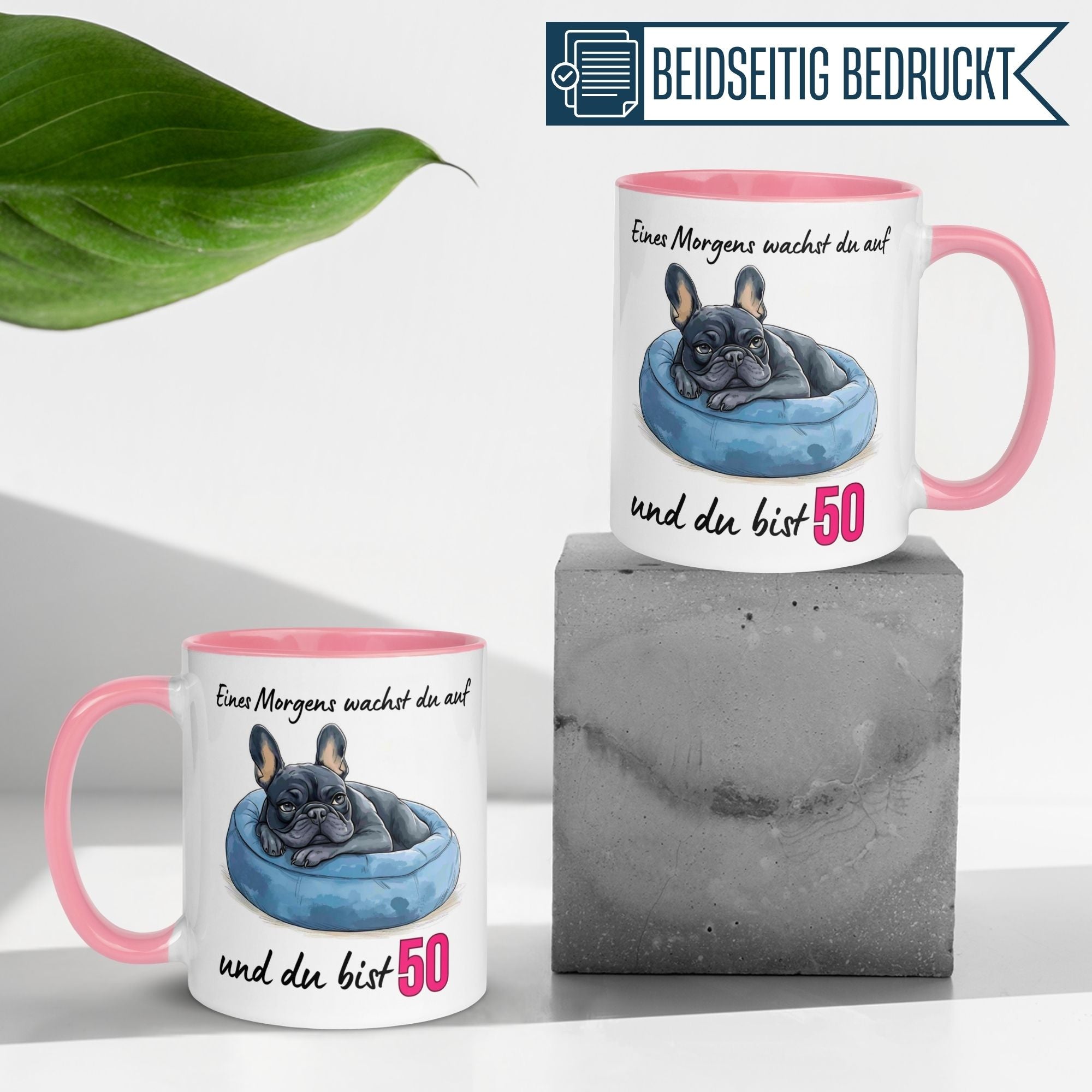 Momentals® Geburtstagstasse mit Frenchie-Motiv zum 50. Geburtstag, rosa Henkel, witziger Spruch.