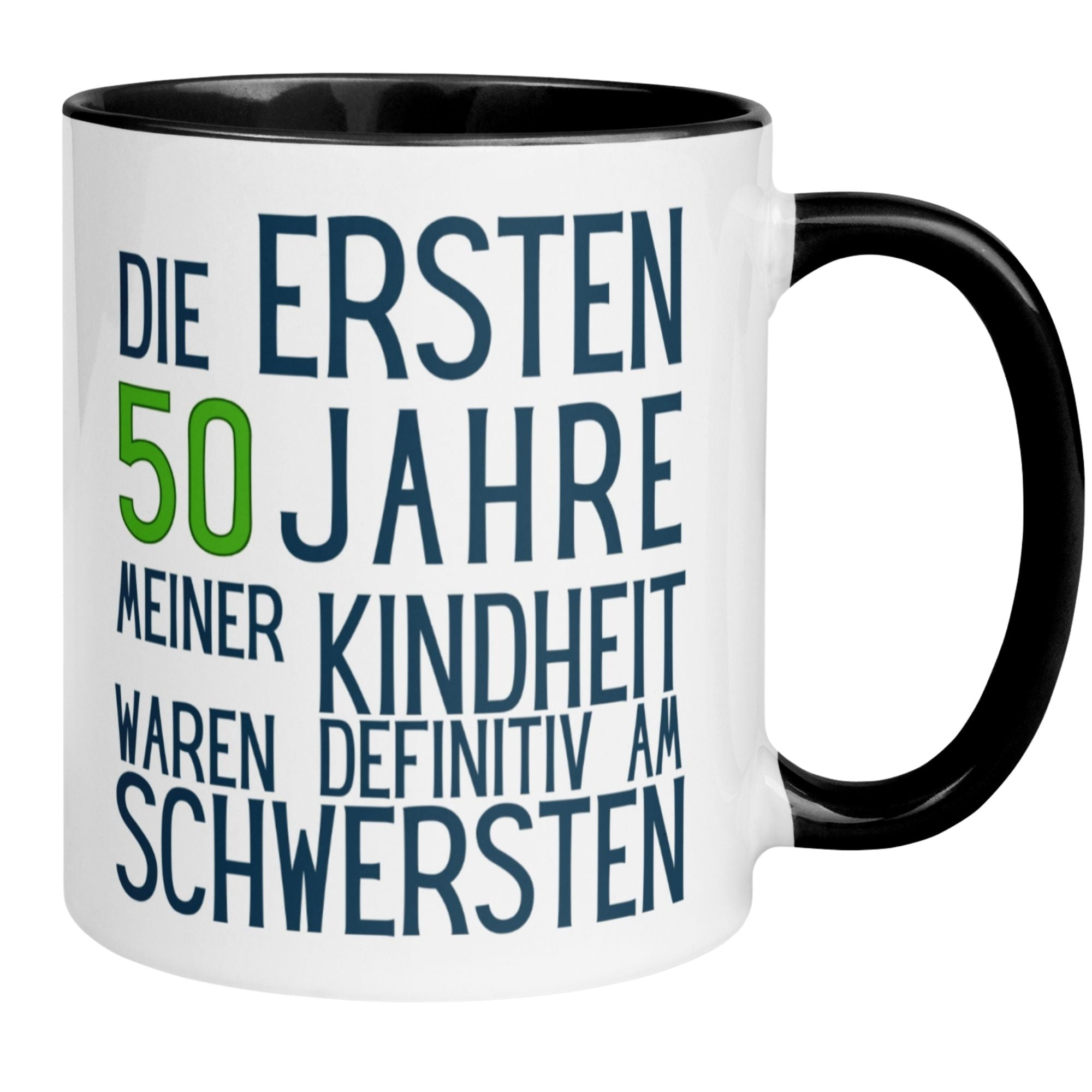 Momentals® Tasse für 50. Geburtstag mit Spruch "Die ersten 50 Jahre meiner Kindheit waren am schwersten"