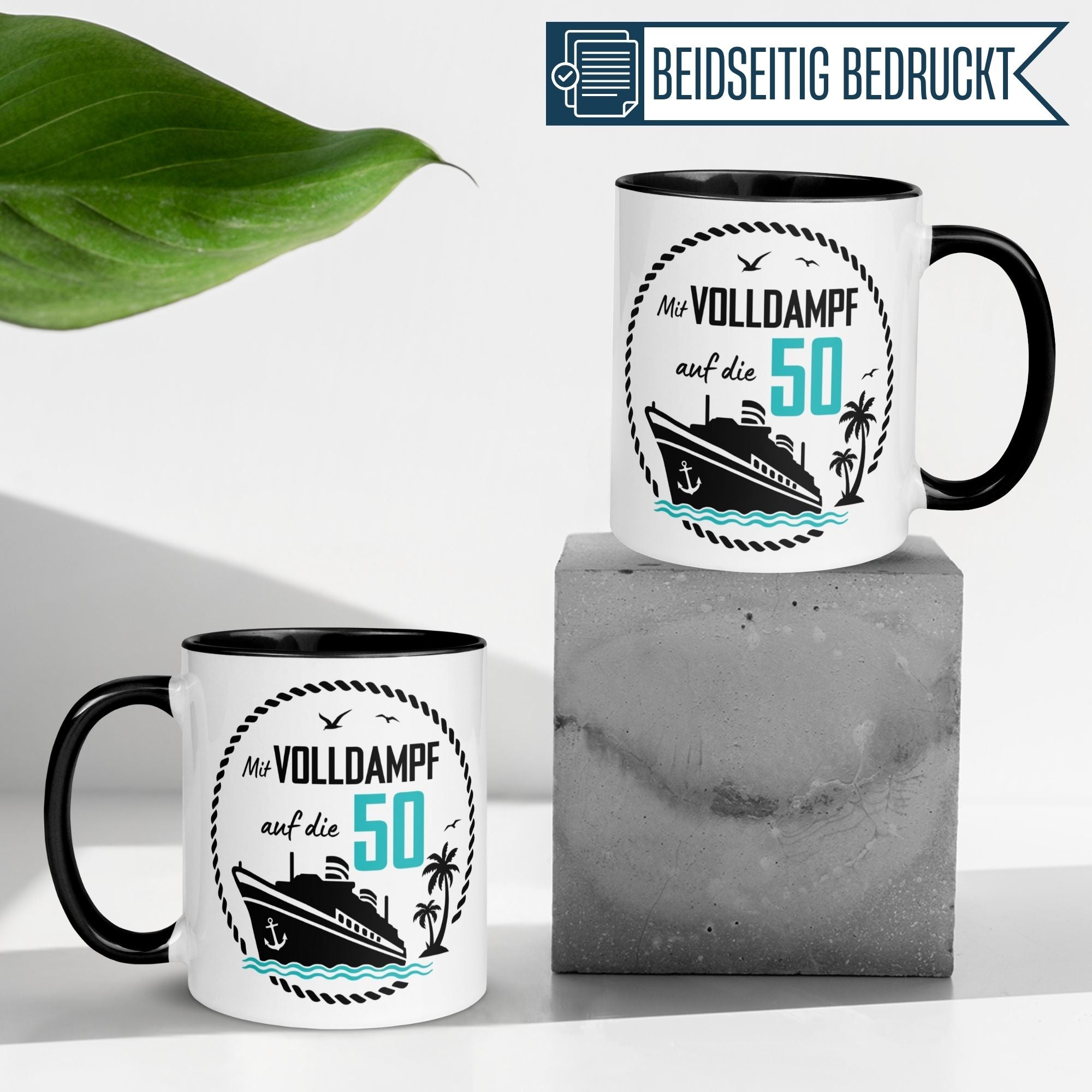 Momentals® 50. Geburtstag Tasse mit Schiffsdesign und Spruch, ideal als humorvolles Geschenk.