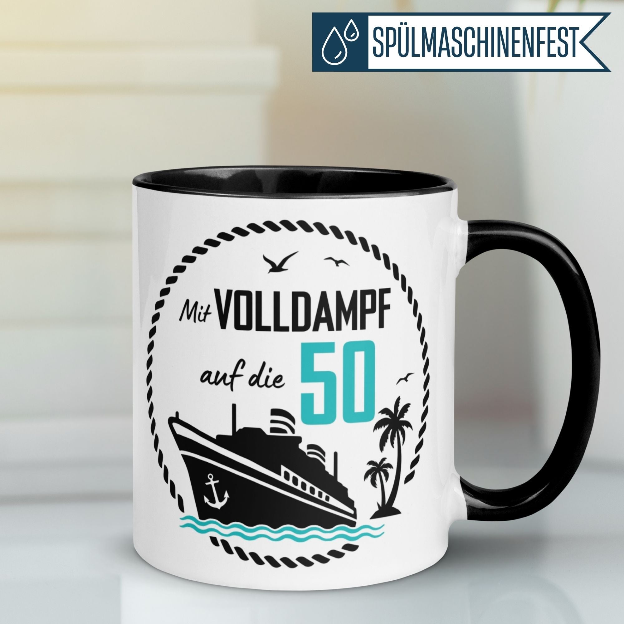 Humorous coffee mug celebrating 50th birthday with a ship and waves design.