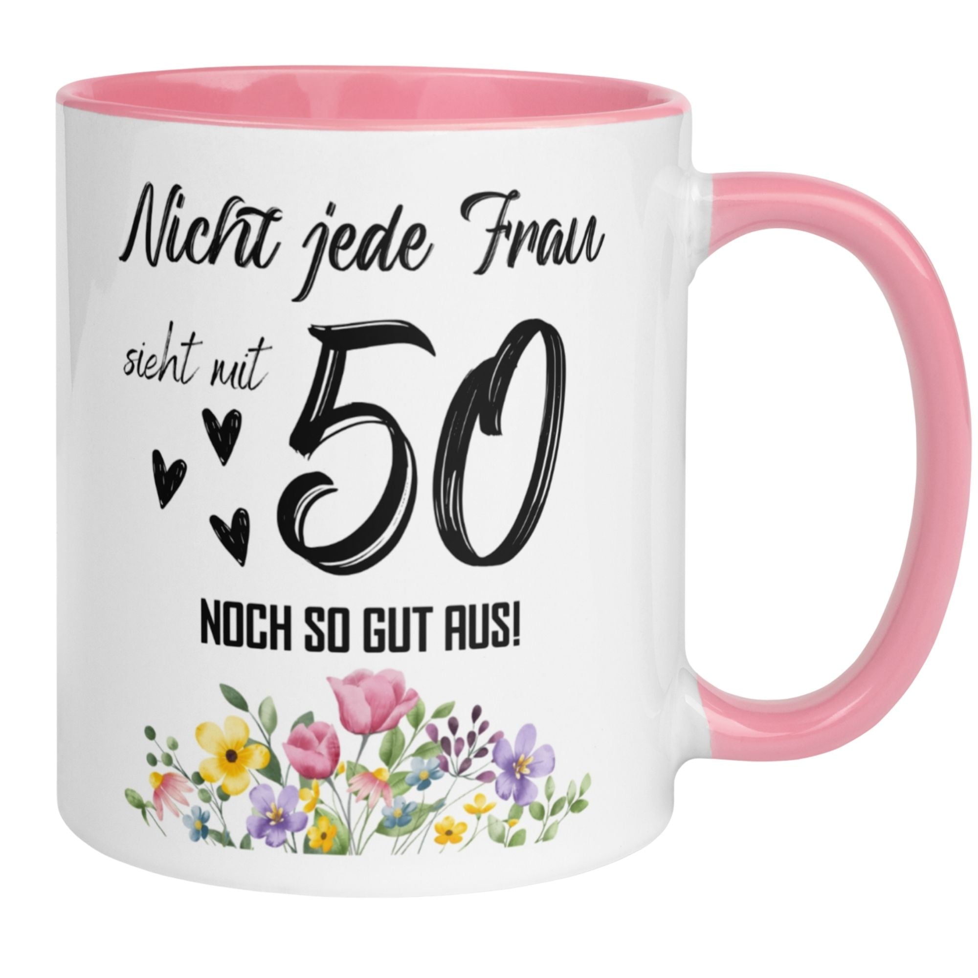 Momentals® Tasse zum 50. Geburtstag mit witzigem Spruch und Blumenmuster, perfekt für Frauen.
