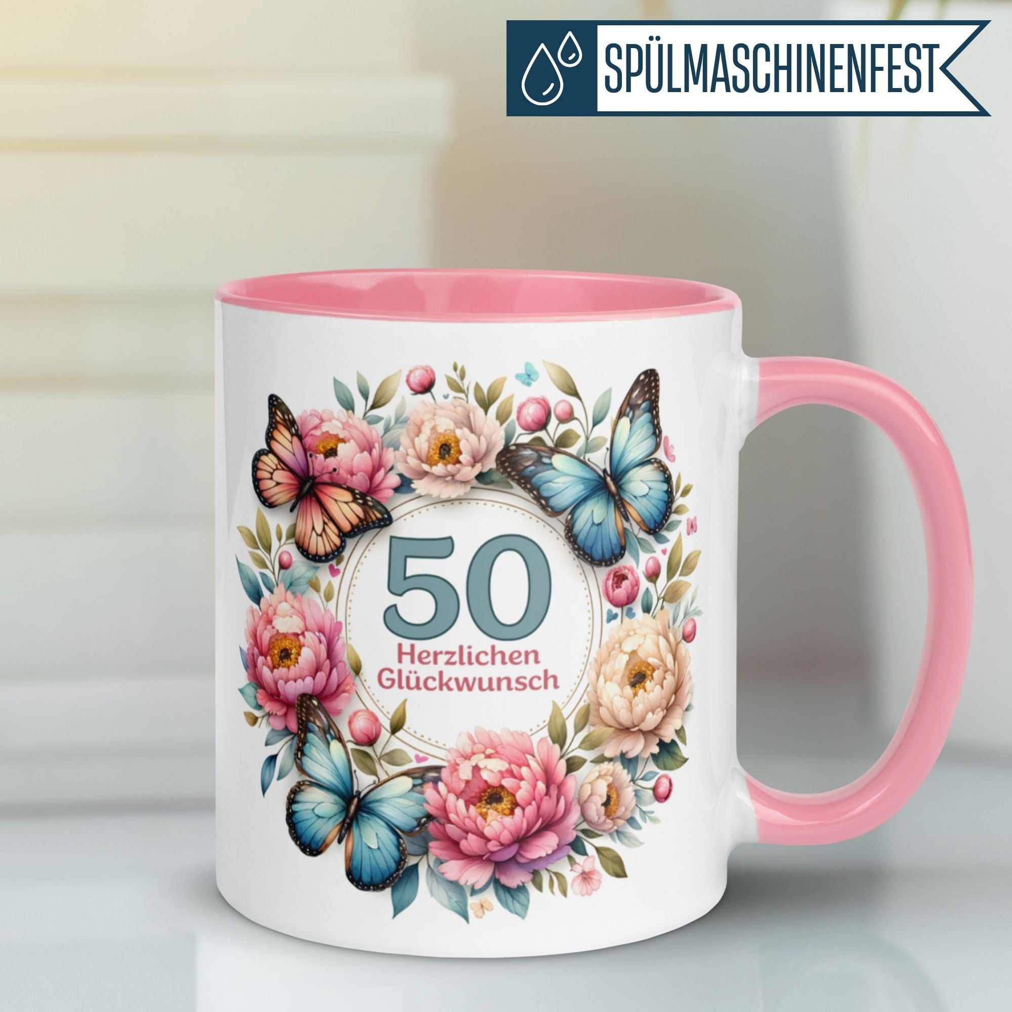 Momentals® Tasse zum 50. Geburtstag mit Schmetterlingen und Glückwunsch-Motiv, ideal als Geschenk für Frauen.