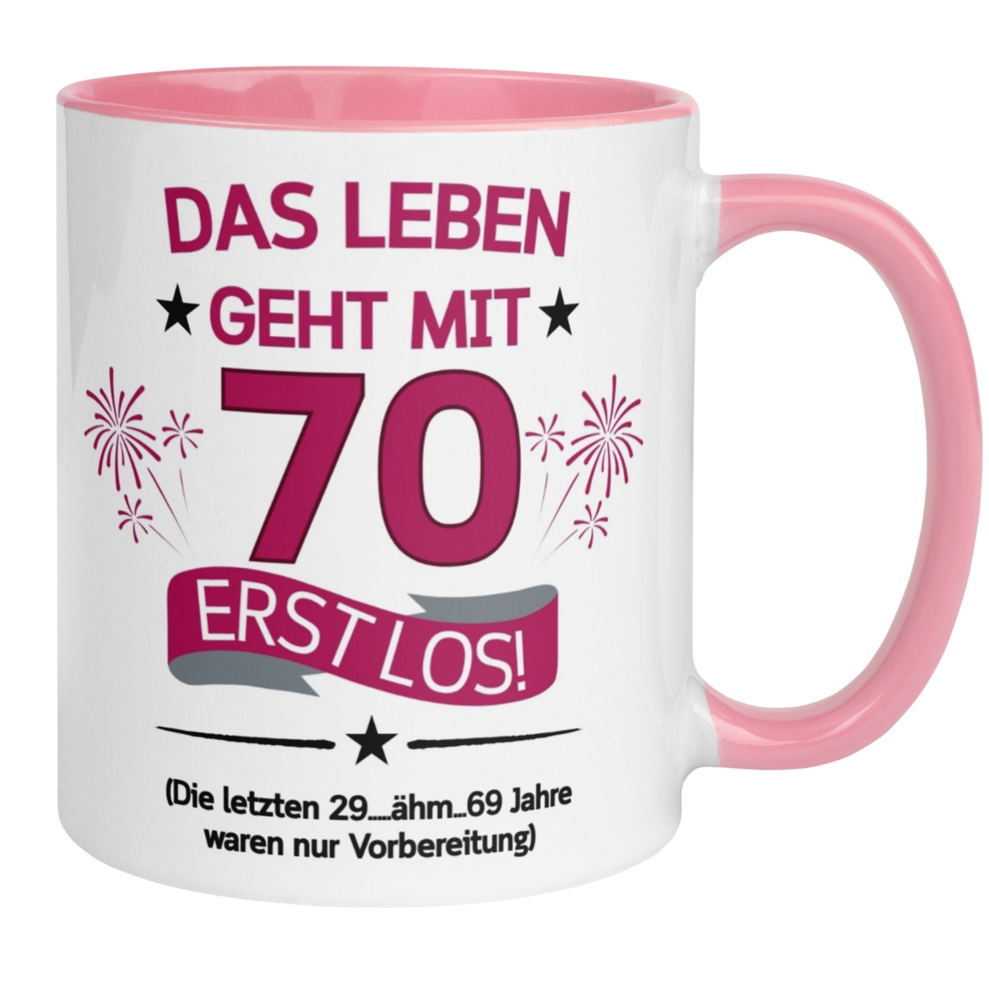Momentals® Tasse zum 70. Geburtstag mit Spruch "Das Leben geht mit 70 erst los!" und buntem Feuerwerk.
