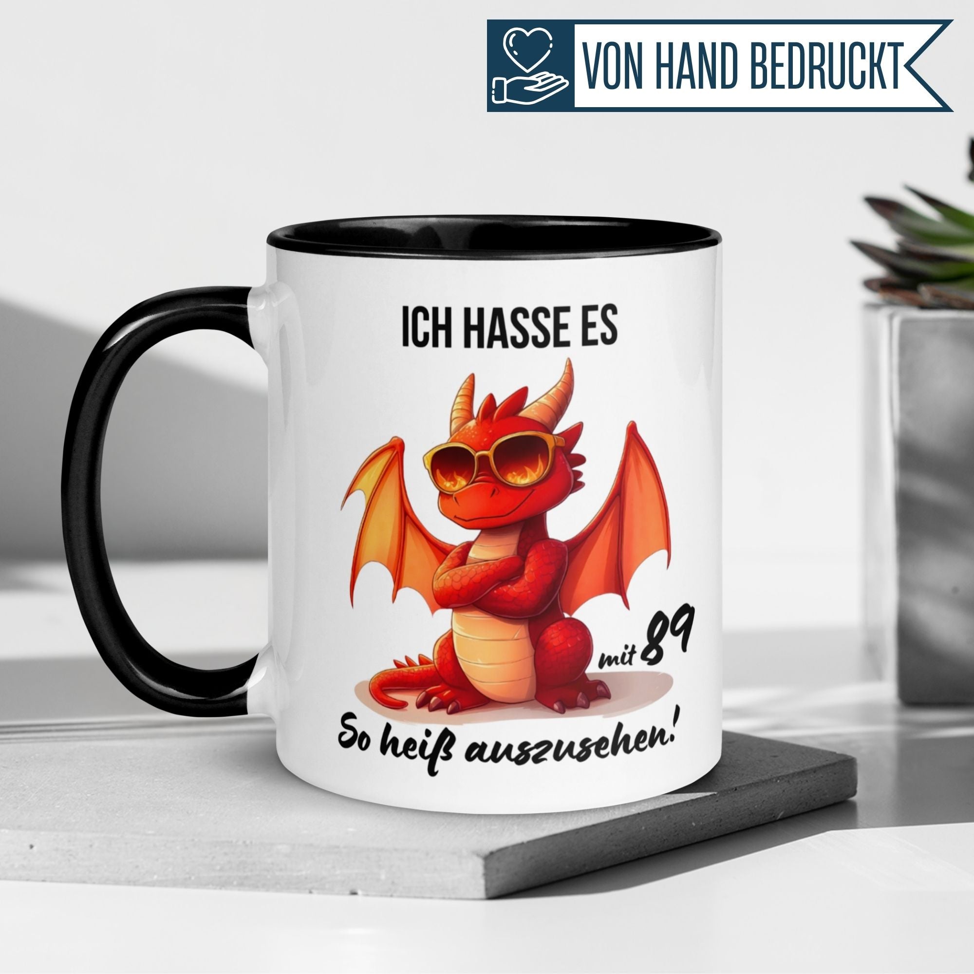 Momentals® 89th birthday mug featuring a funny dragon design and humorous quote about looking hot at 89.