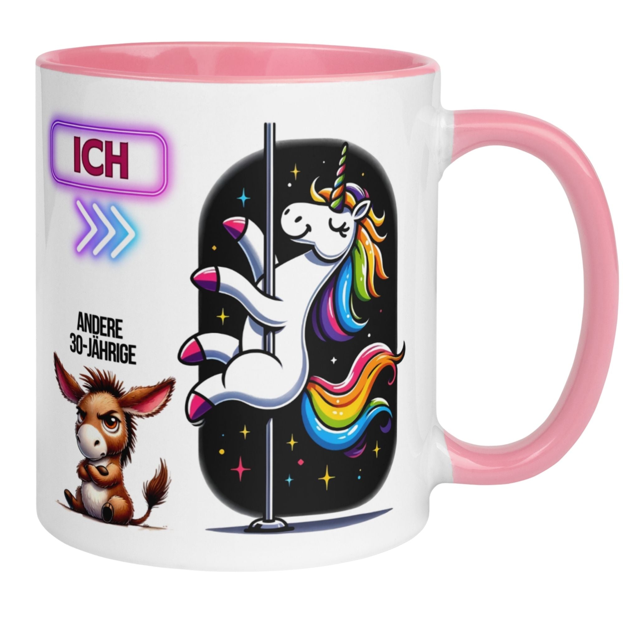 Momentals® Geburtstagstasse für Frauen mit Einhorn und Spruch "Andere 30-Jährige" auf buntem Hintergrund.