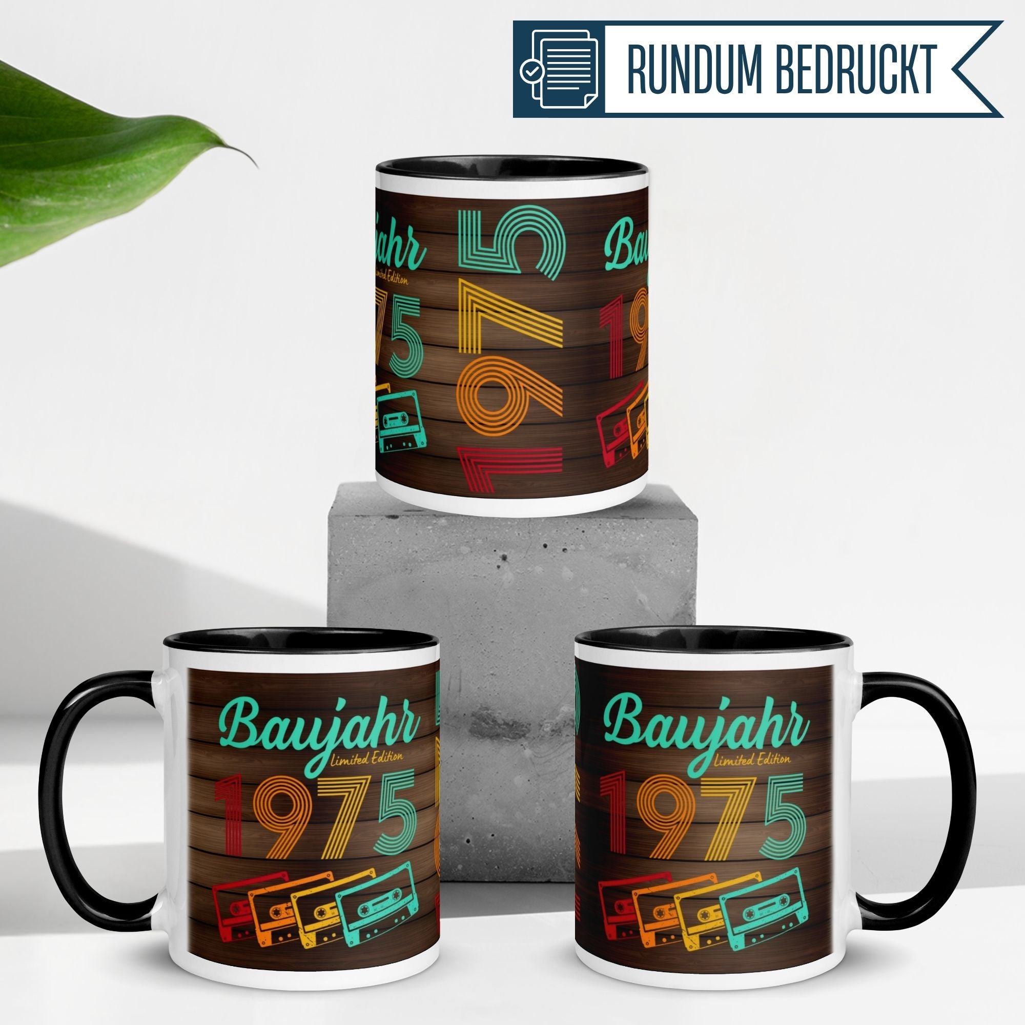 Retro coffee mugs for 50th birthday, featuring 1975 design and colorful cassette tapes.