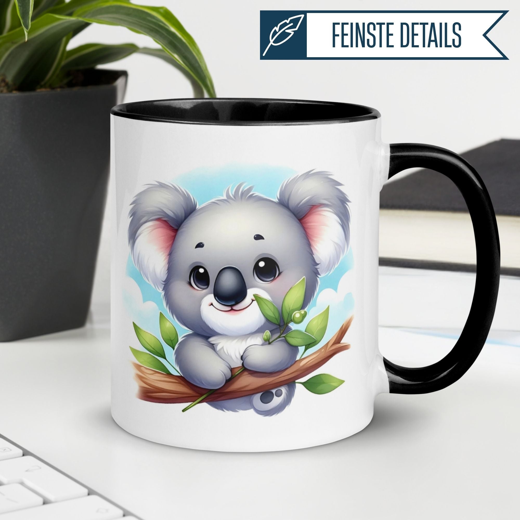 Cute koala mug featuring a friendly koala on a branch with eucalyptus leaves, perfect for morning coffee.