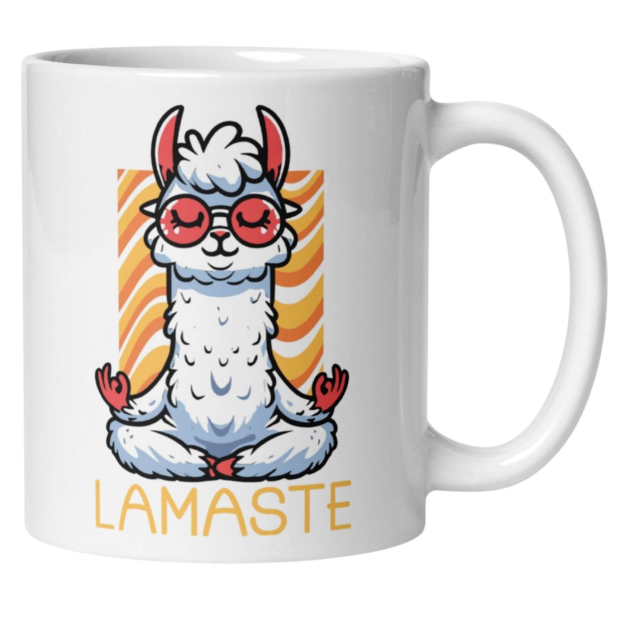 Momentals Lama Tasse mit Sonnenbrille und Lamaste-Spruch, humorvoll und meditativ.