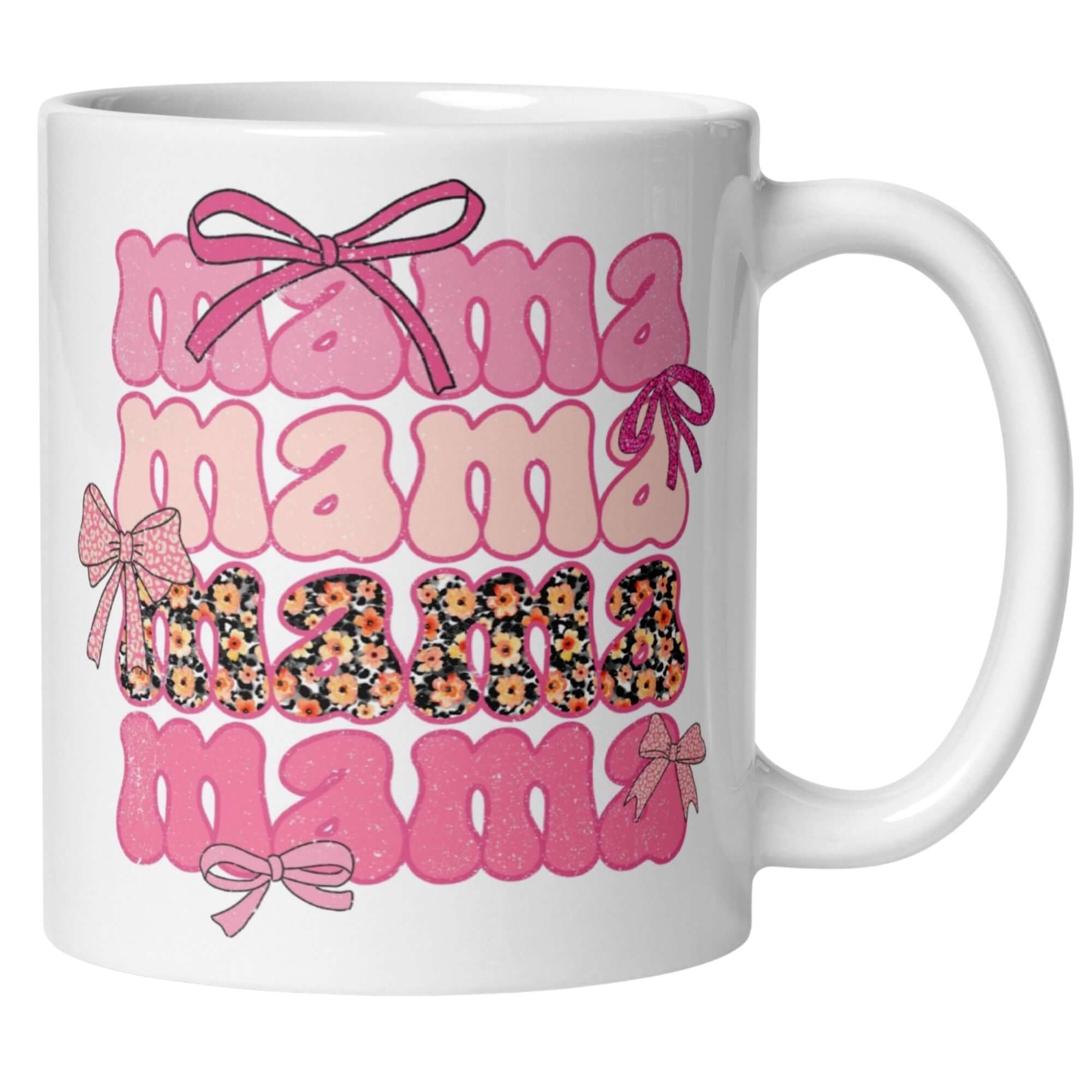Momentals® Mama Tasse mit bunten Schleifen und Retro-Design, ideal für Geschenke und besondere Anlässe.