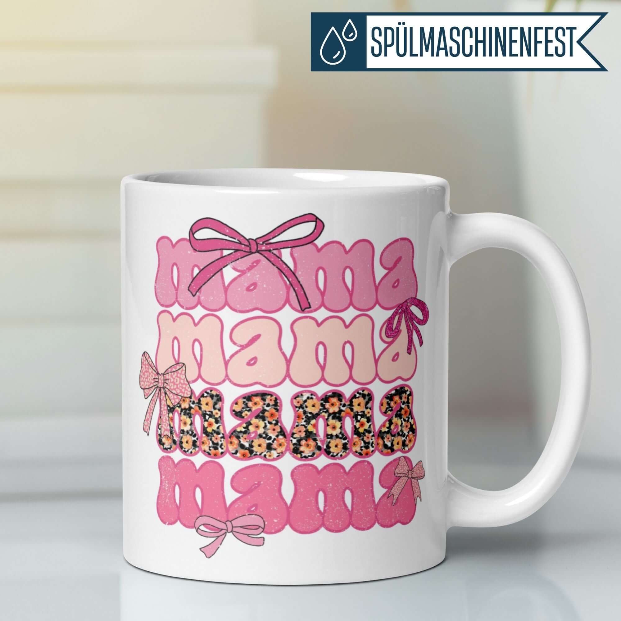 Momentals Mama-Tasse mit buntem Schleifenmuster im Retro-Style, ideal für Geschenke und besondere Anlässe.