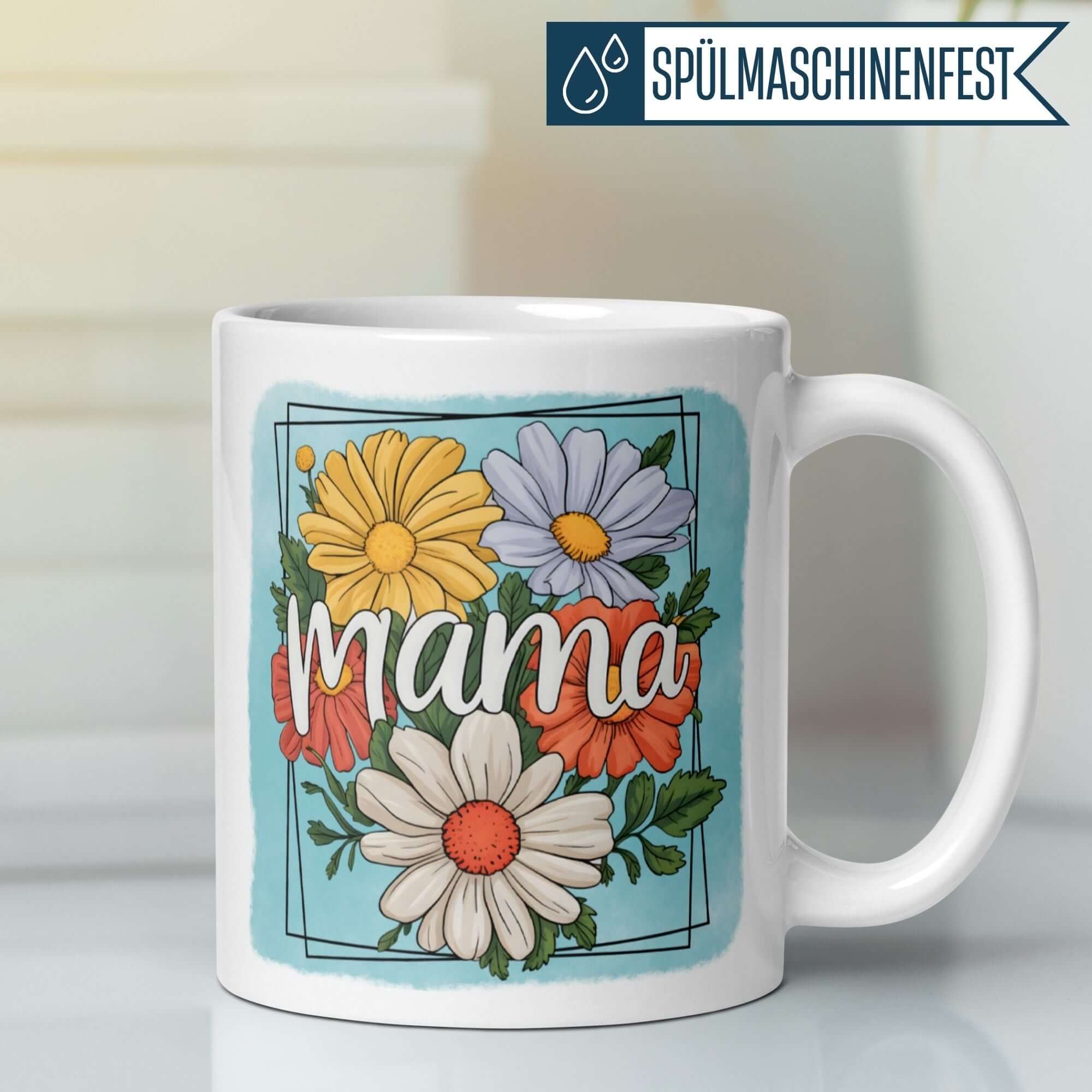 Bunte Mama-Tasse mit Sommerblumen-Illustration und Handlettering Schriftzug, perfekt als Geschenk.