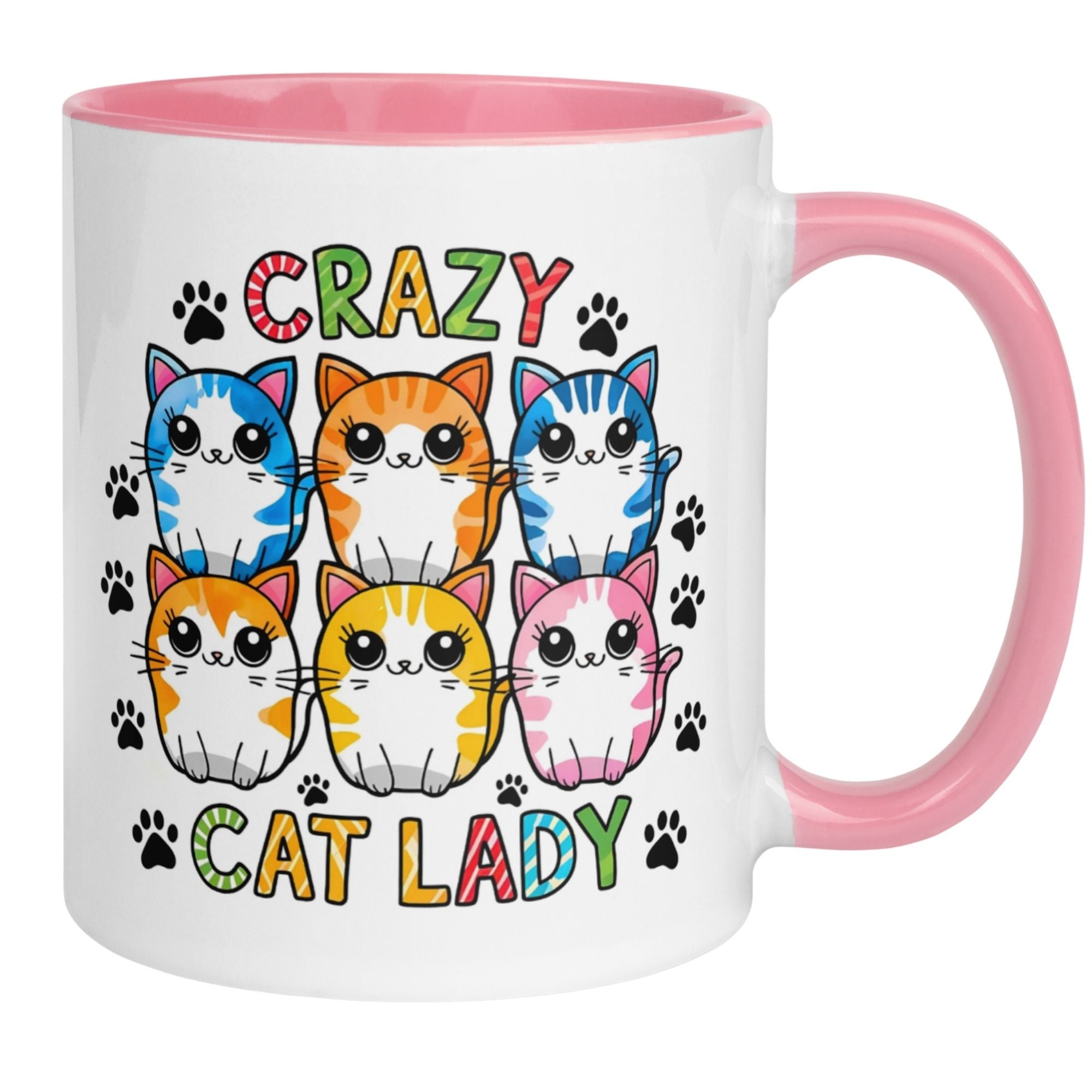 Momentals® Tasse mit bunten Katzen und "Crazy Cat Lady" Schriftzug für Katzenliebhaber.