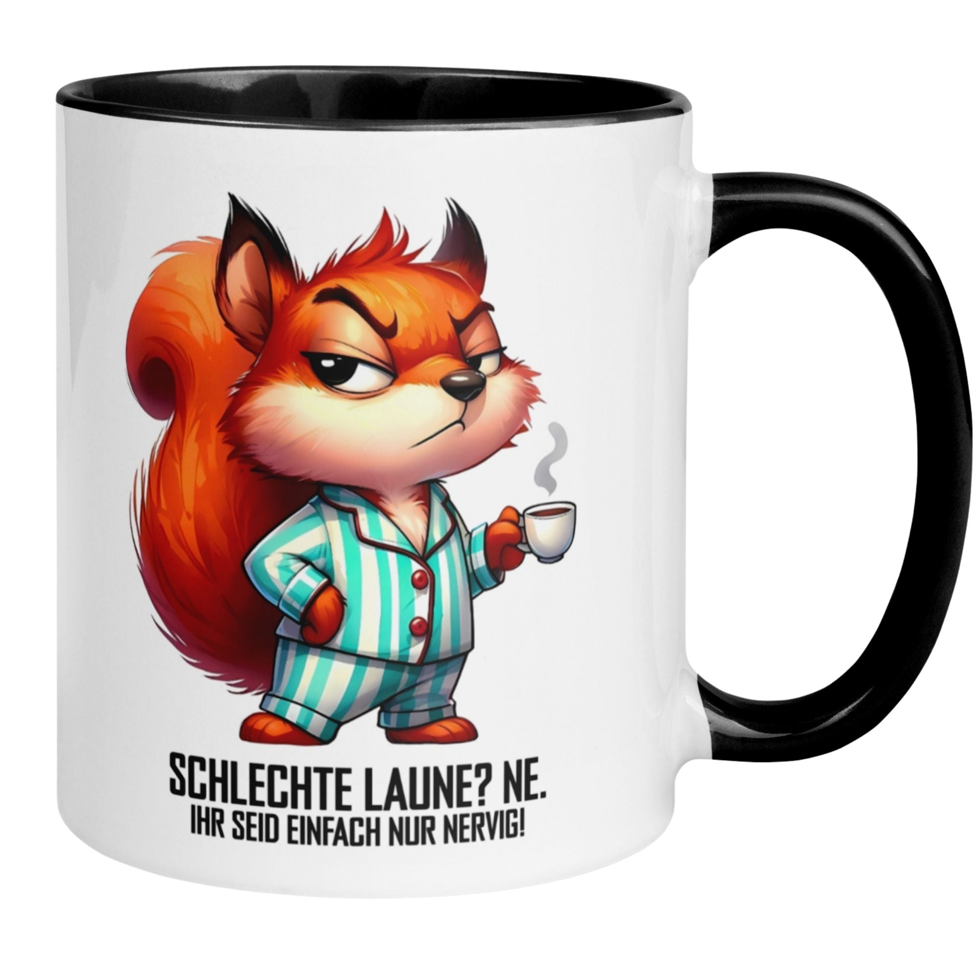 Momentals Tasse mit Eichhörnchen im Pyjama, witziger Spruch über Morgenmuffel.