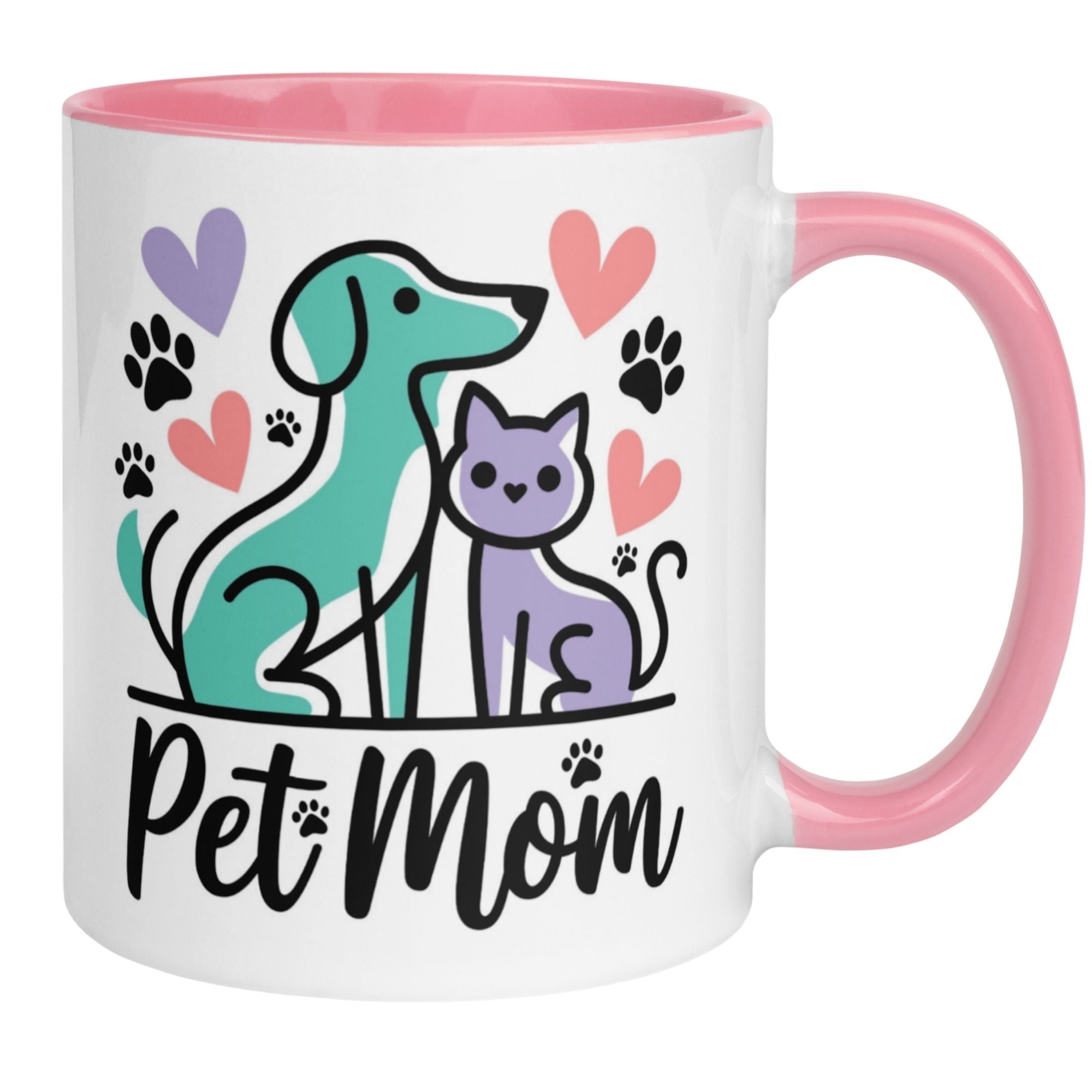 Momentals Pet Mom mug with teal dog and purple cat design, surrounded by hearts and paws.