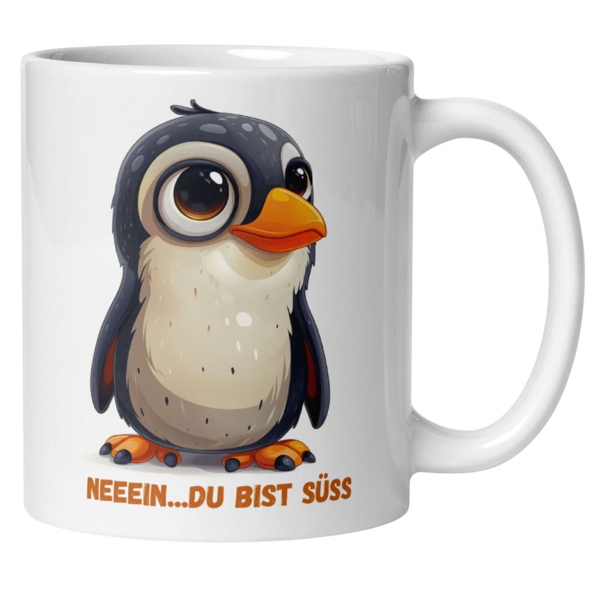 Cute penguin mug with playful text 'Neeein...du bist süß' for expressing affection.