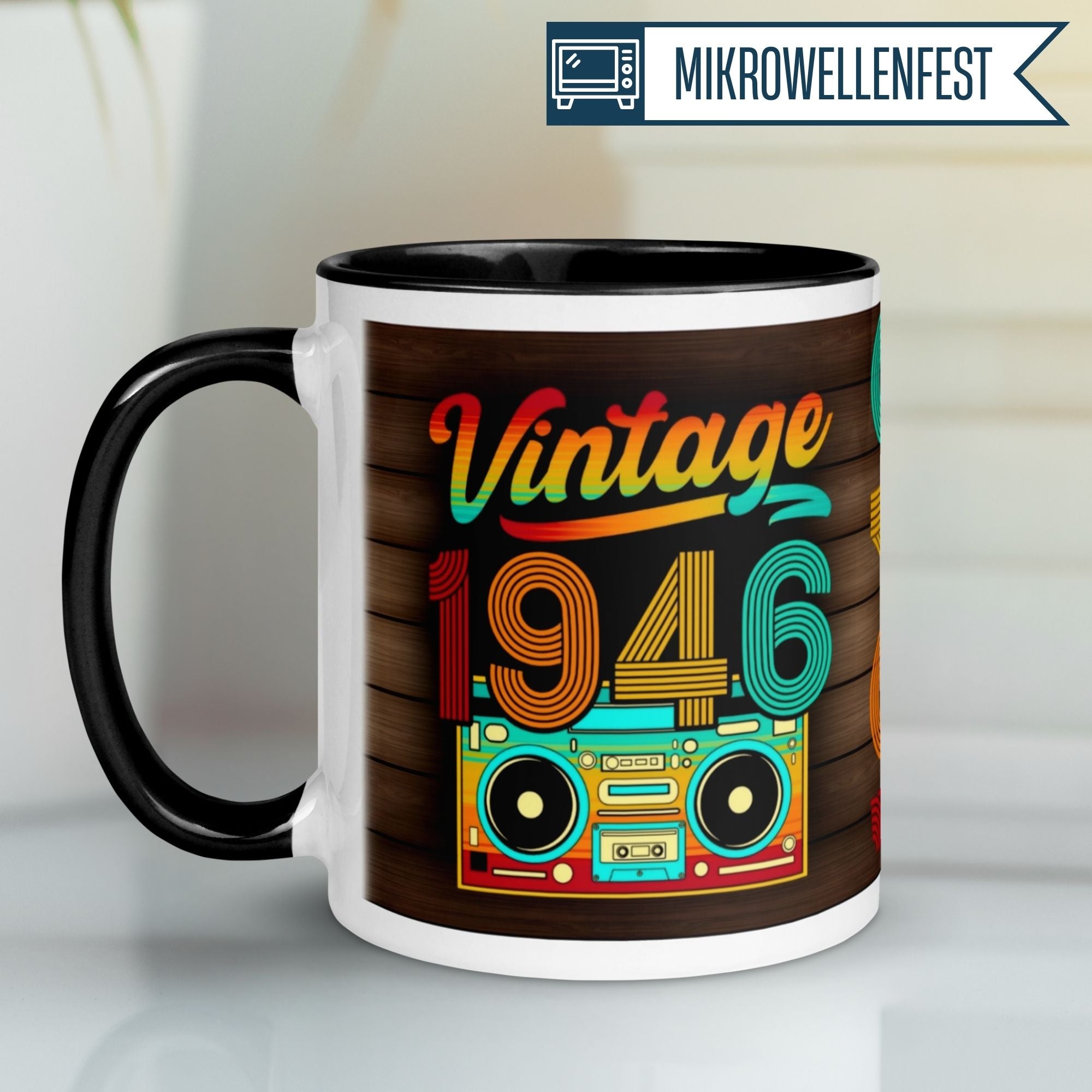 Colorful vintage 1946 coffee mug celebrating 79th birthday with retro design, perfect gift for nostalgic moments.