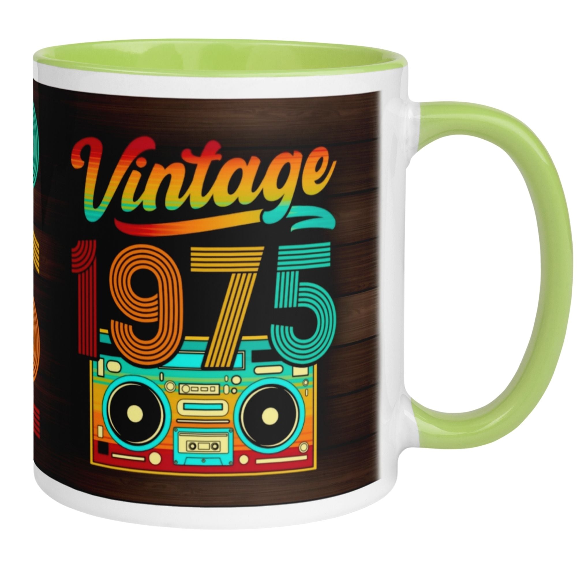 Momentals® Tasse zum 50. Geburtstag mit retro Vintage 1975 Motiv und bunten Farben.