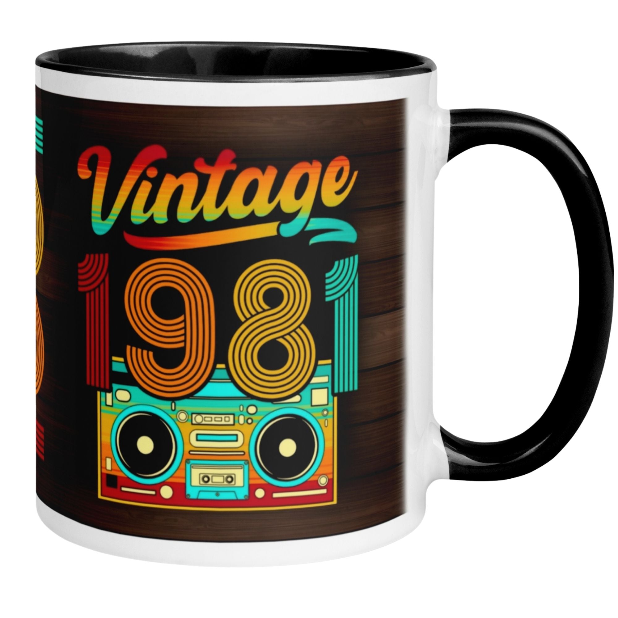 Momentals® Tasse für 44. Geburtstag mit Retro-Design, Vintage 1981 und buntem Kassettenspieler-Motiv.