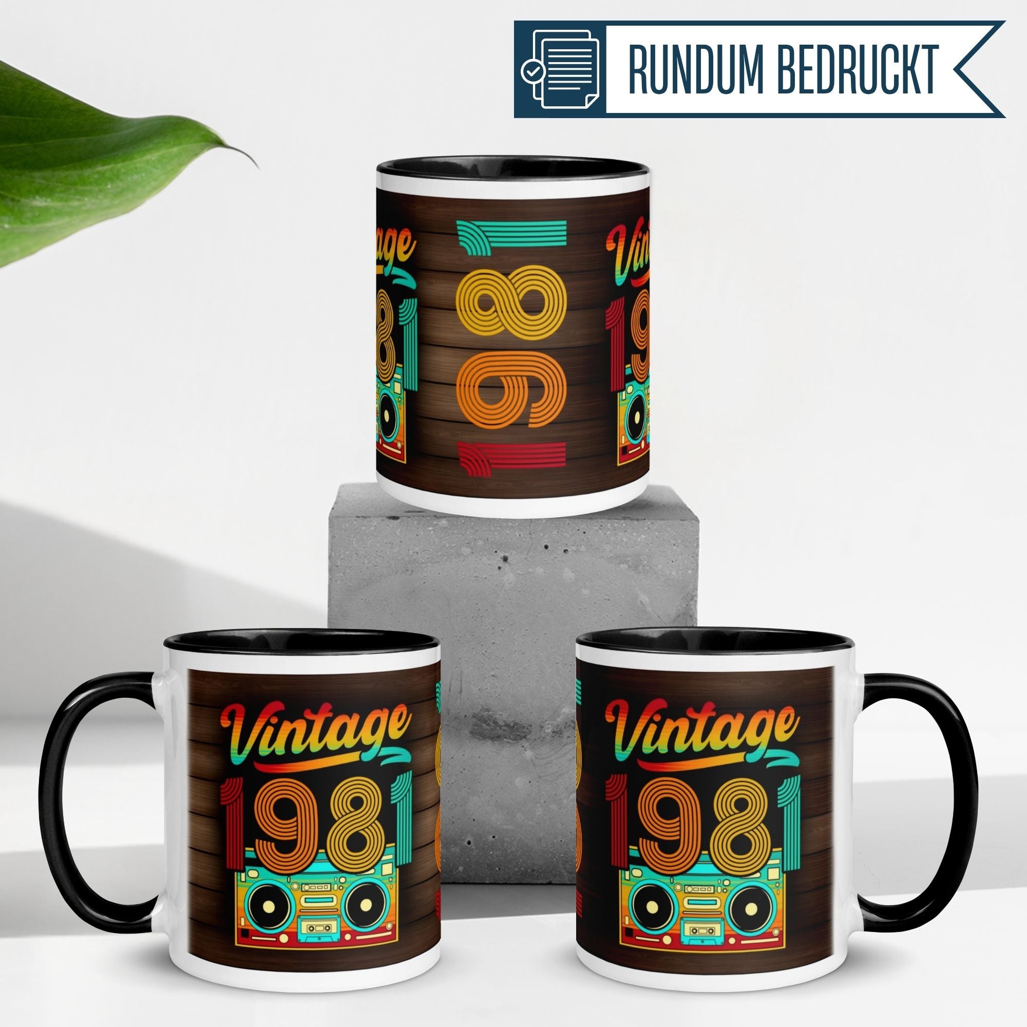Vintage 1981 birthday mugs with colorful retro design, perfect for celebrating a 44th birthday.