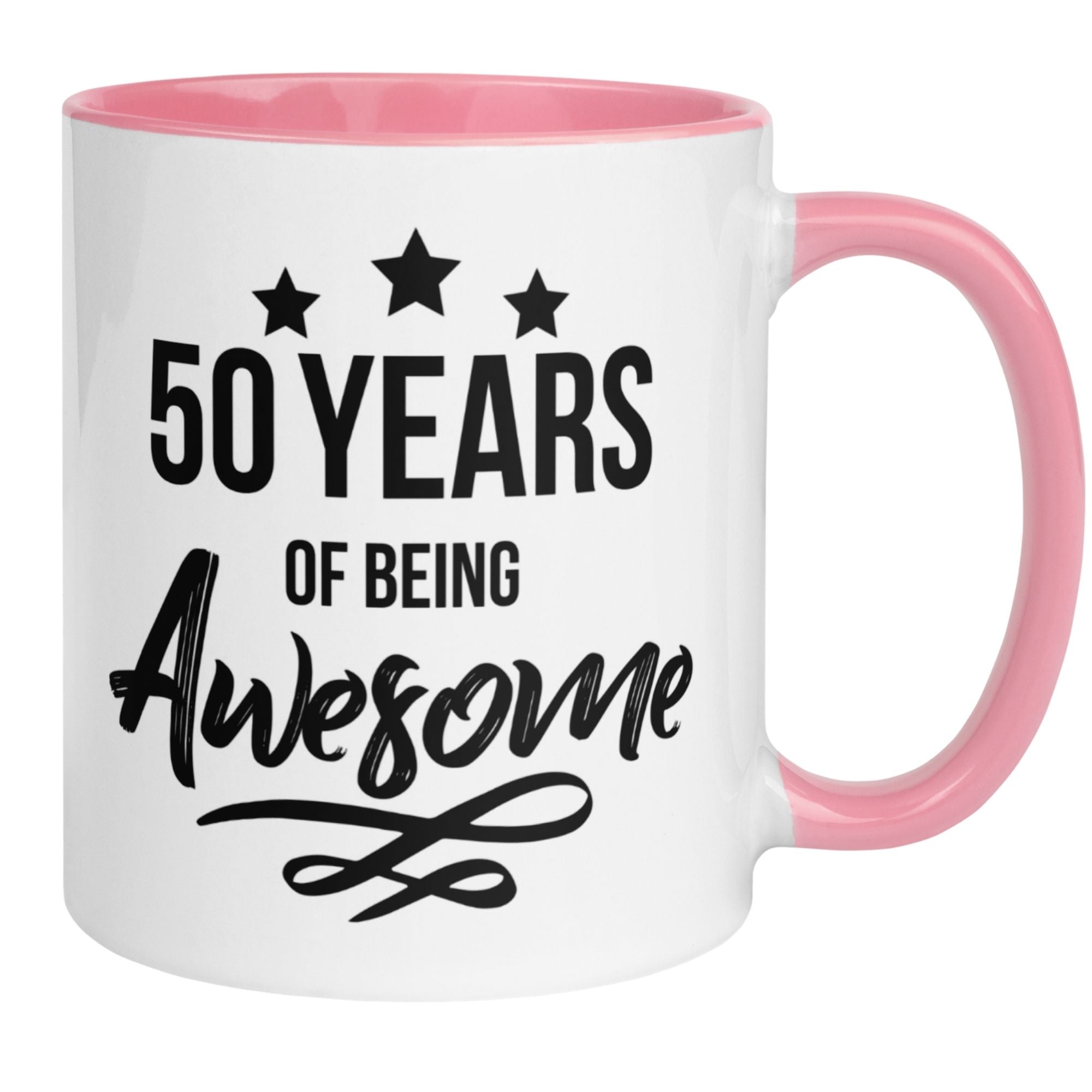 Momentals® birthday mug with pink handle, celebrating 50 years of being awesome with stars and stylish typography.