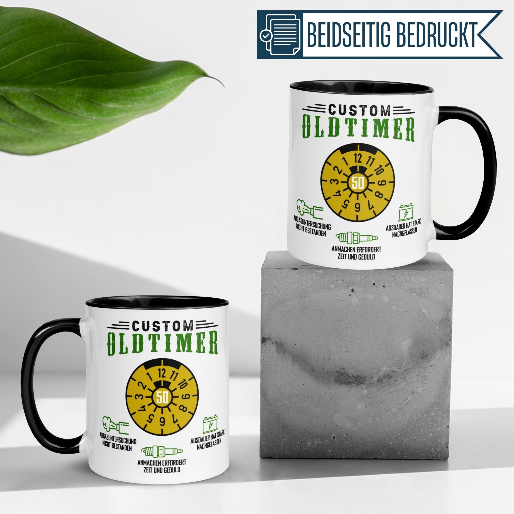 Momentals® Geburtstagstasse für Männer, 50. Geburtstag mit Oldtimer-Motiv, beidseitig bedruckt.