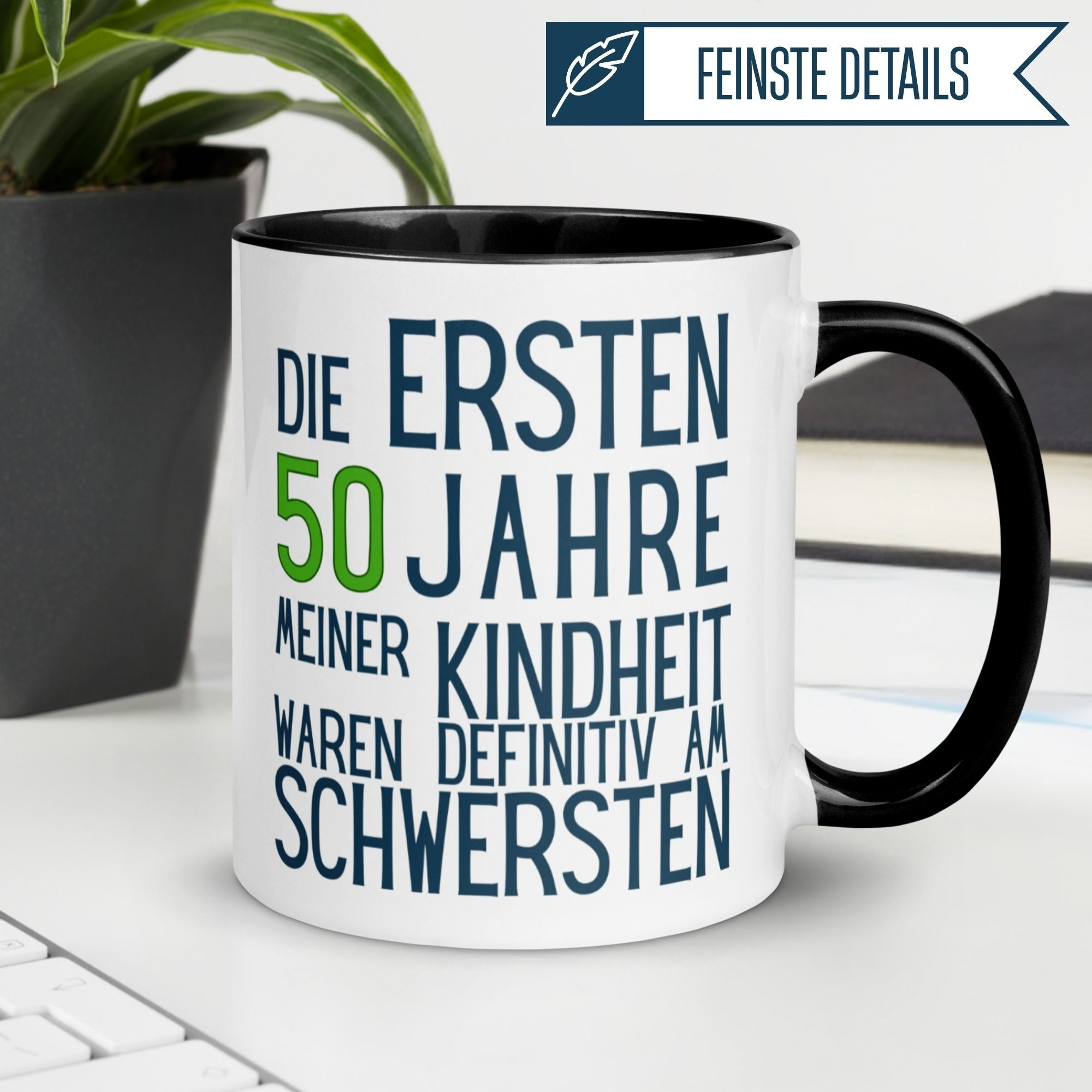 Momentals® Tasse zum 50. Geburtstag mit humorvollem Spruch über Kindheit, perfekt für Geschenkideen.