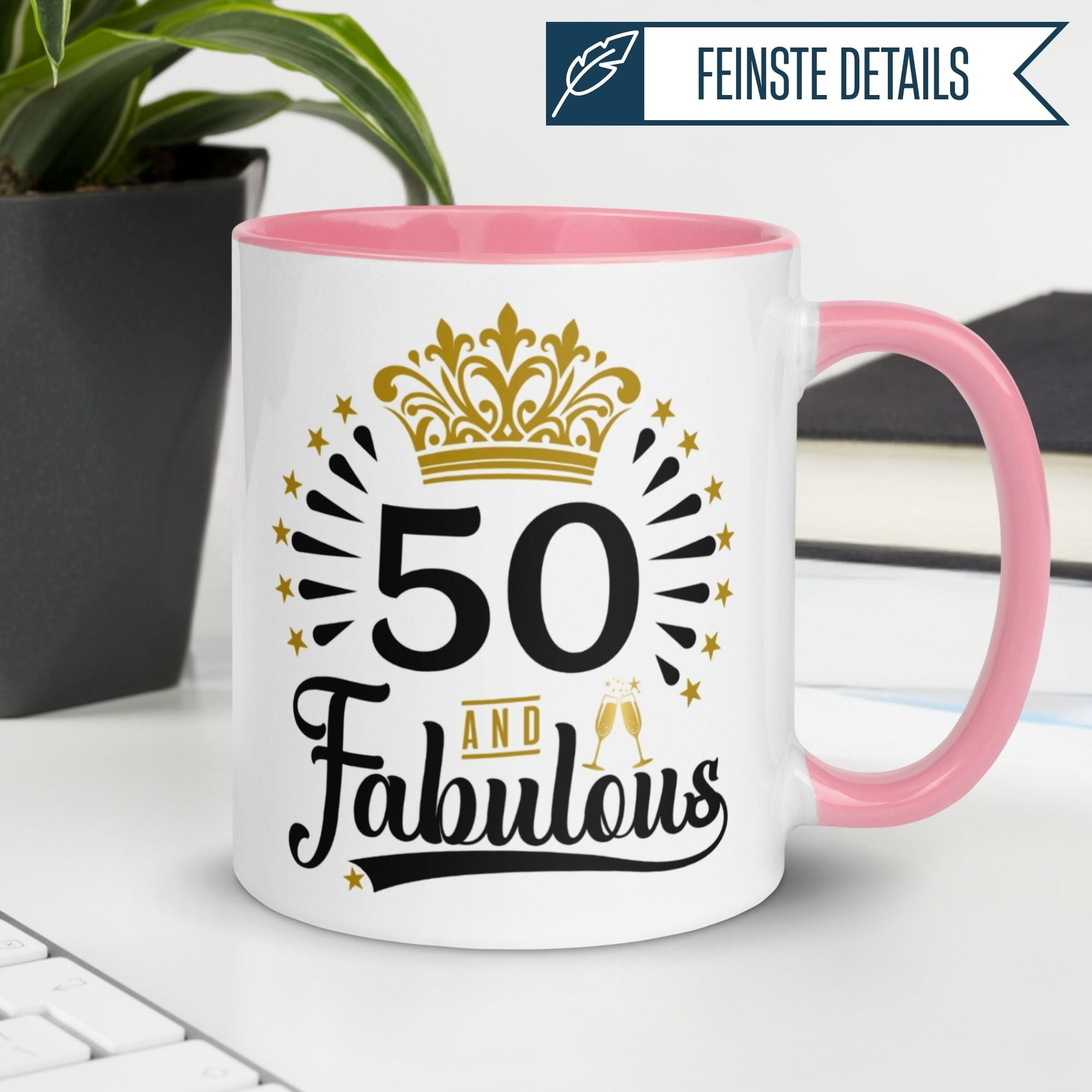 Momentals® 50th birthday mug with crown design and '50 and Fabulous' text, perfect for celebrating special moments.