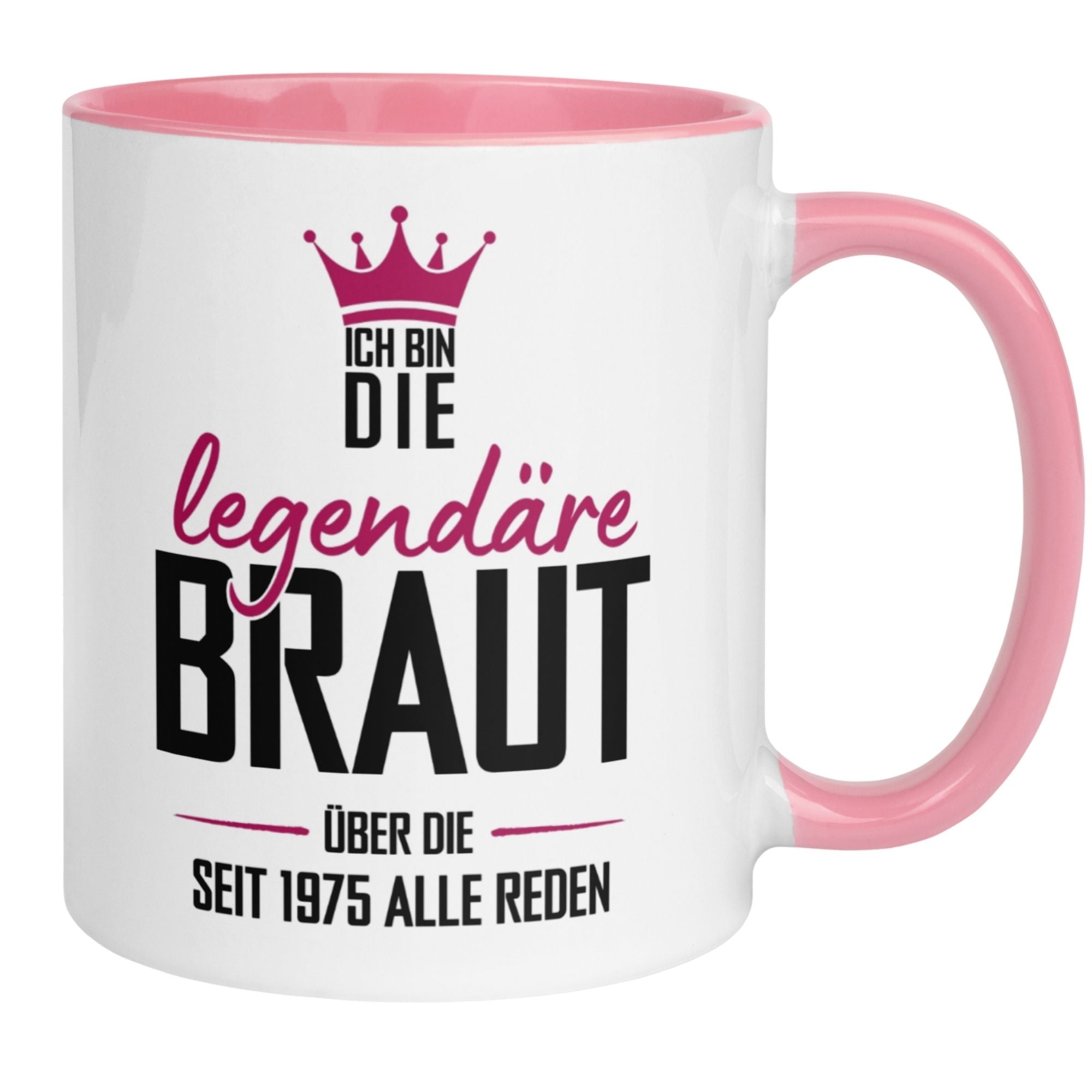 Momentals® Tasse für den 50. Geburtstag mit Spruch "Ich die legendäre Braut seit 1975" und pinkem Henkel.