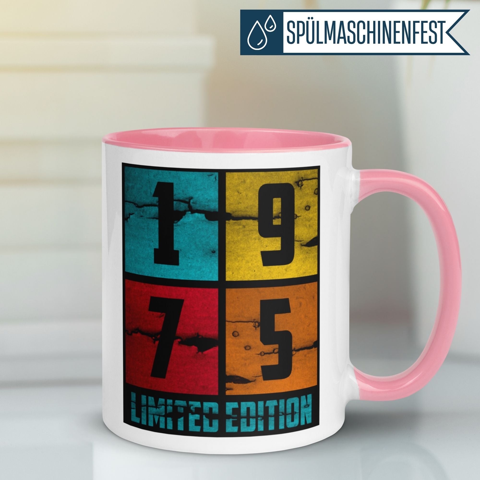 Colorful Momentals® mug for 50th birthday, featuring 1975 and 'Limited Edition' design.
