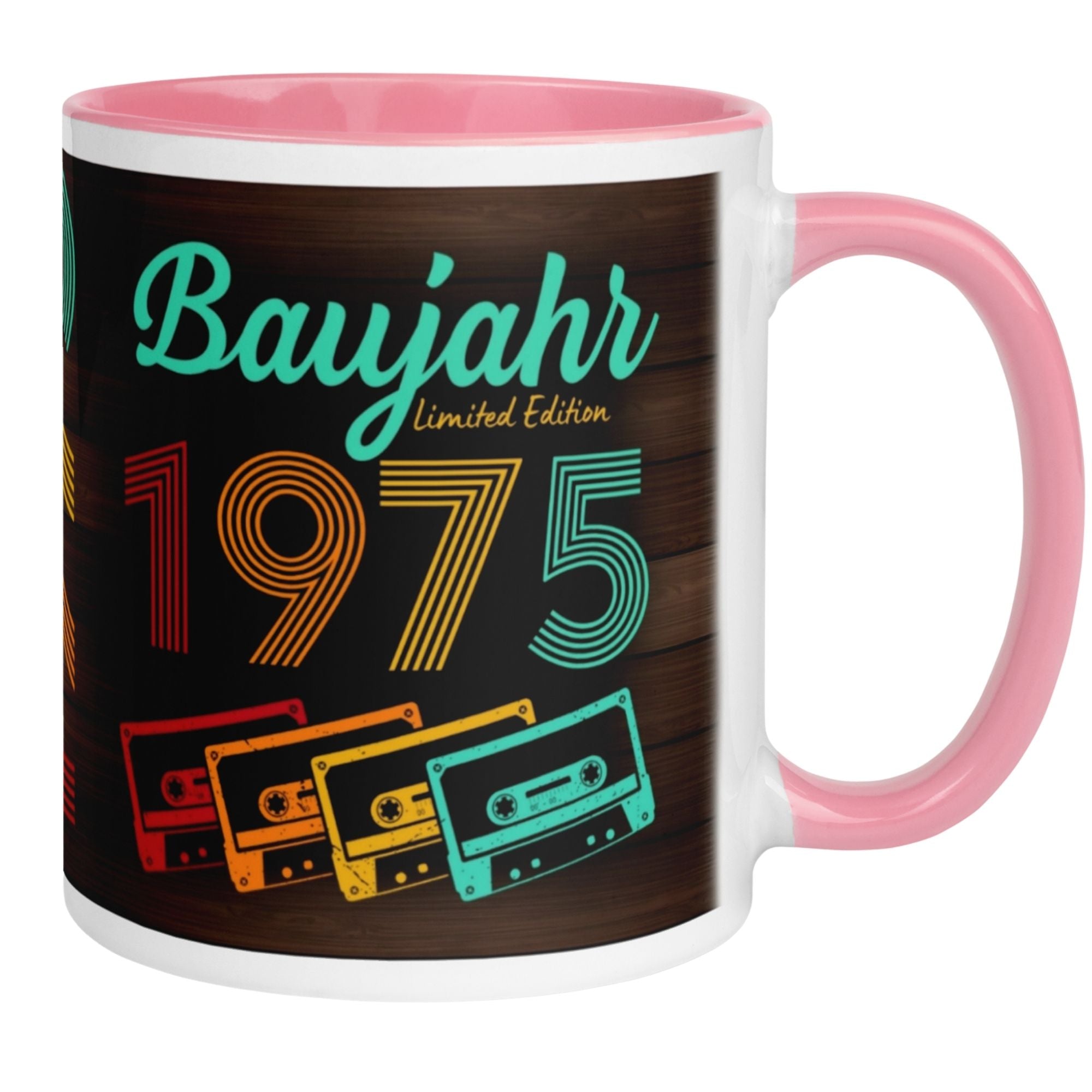 Momentals® Tasse zum 50. Geburtstag, Baujahr 1975 im Retro-Design mit bunten Kassetten-Kassetten.