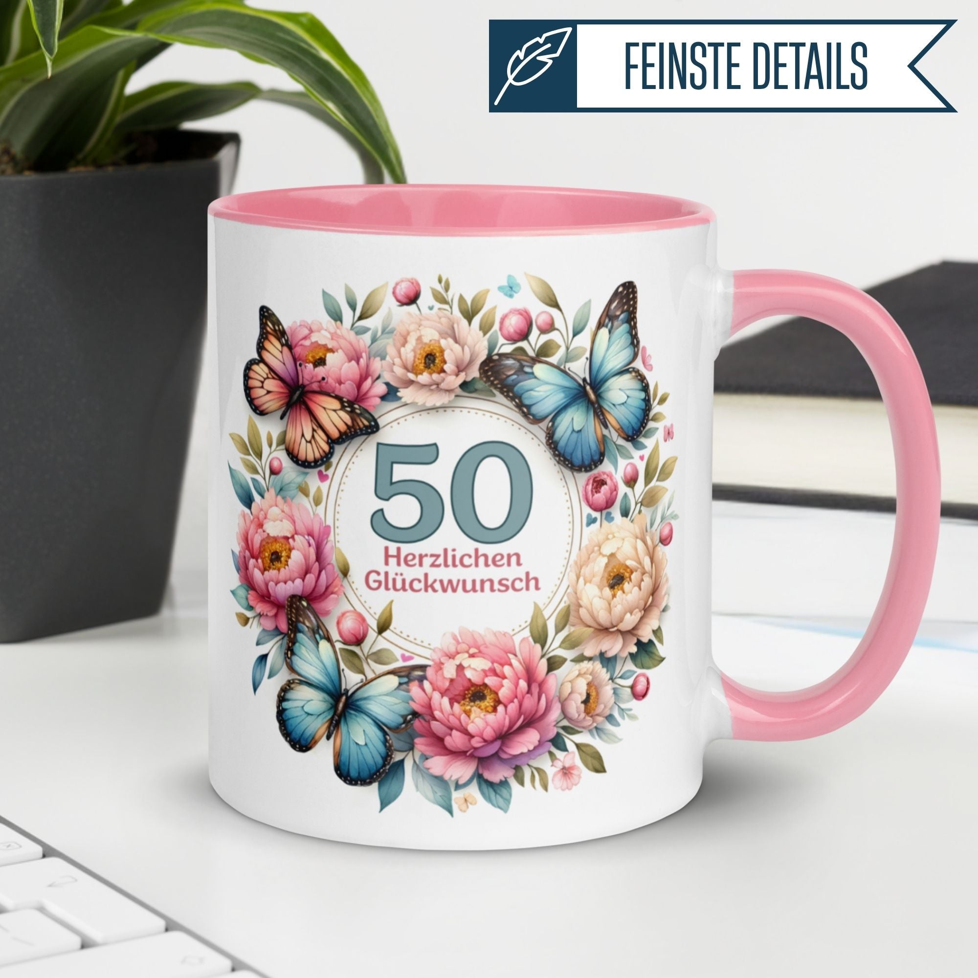 Momentals® Tasse zum 50. Geburtstag mit Schmetterlingen und Blumen, perfekt für herzliche Glückwünsche.
