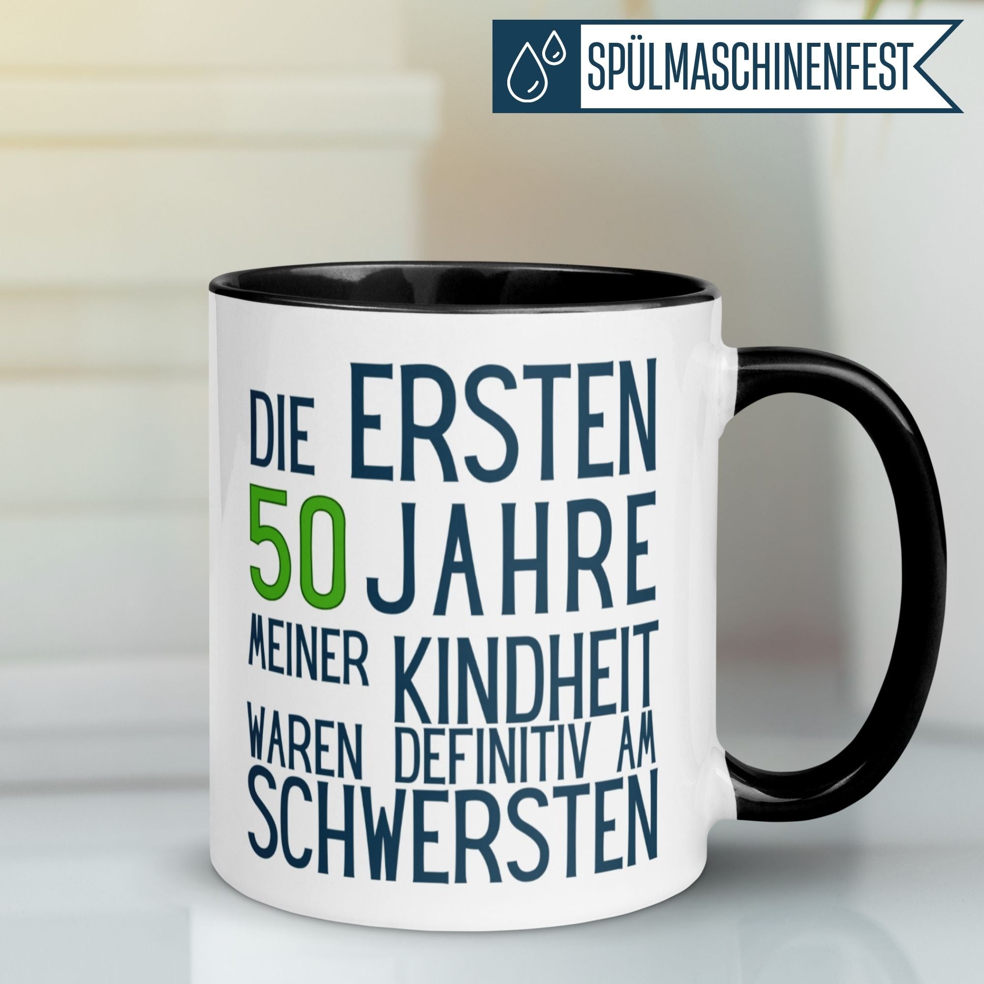 Humorous coffee mug celebrating a man's 50th birthday with playful text about childhood.